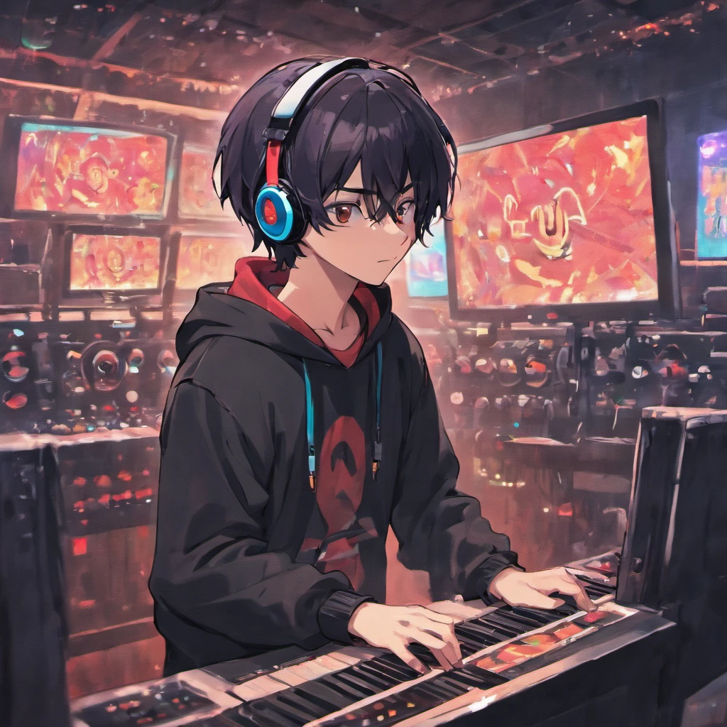 a man in a black long-sleeved shirt, pixar style, wearing a beanie, with headphones, playing on a dj machine, realistic, high quality