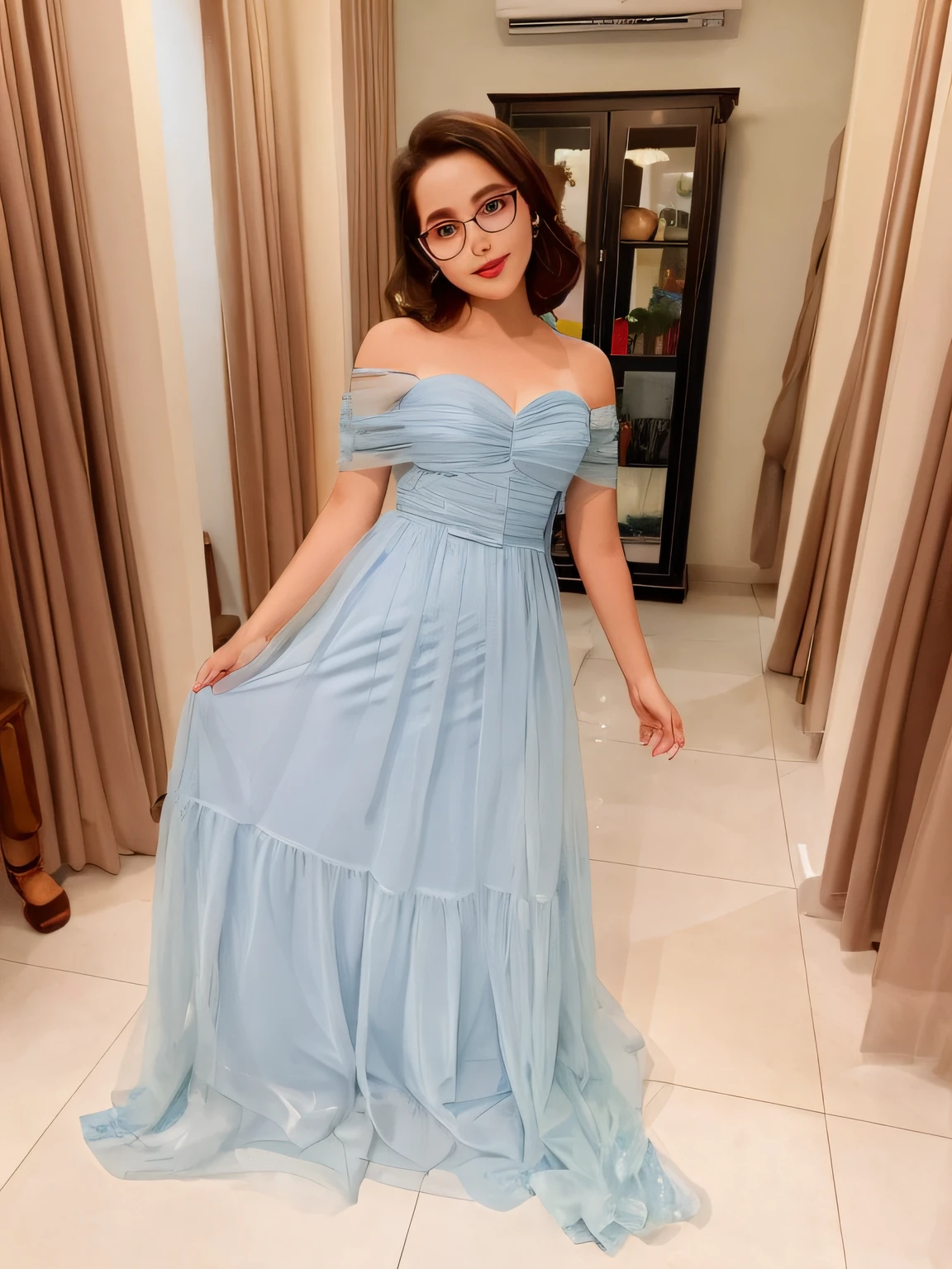 Arafed woman in a blue dress standing in a room, usando vestido de organza, vestindo vestido longo, usando um vestido de noite, vestido azul gelado;, vestido longo, Wearing a flowing dress, Flowing dress, usando um vestido formal, sky - blue dress, usando um vestido elegante, vestido longo, romantic gown, full-length view, vestido, em vestido azul