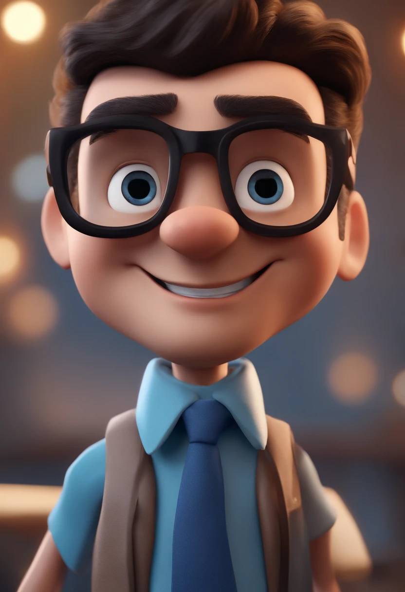 Cartoon character of a man with black glasses and a blue shirt, animation character, Caractere estilizado, animation style rendering, 3D estilizado, Arnold Maya render, 3 d render stylized, toon render keyshot, Personagem 3D, Personagem 3D, 3d rendering stylized, 3 d character render, personagem de desenho animado, Personagem de close up, Pose de personagem, (Estilo Pixar) (master part:1.2) (Bokeh) (best quality) (pele detalhada) (textura detalhada) (8k) (argila) (Cinematic lighting) (foco nítido