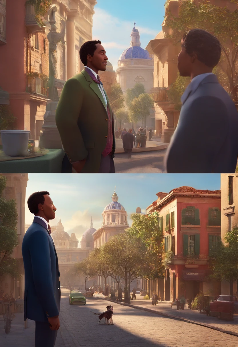 A city councilman looking at a dream project inspired by Pixar animation, de perto. The character takes center stage with captivating facial expressions, oferecendo um toque de irrealidade