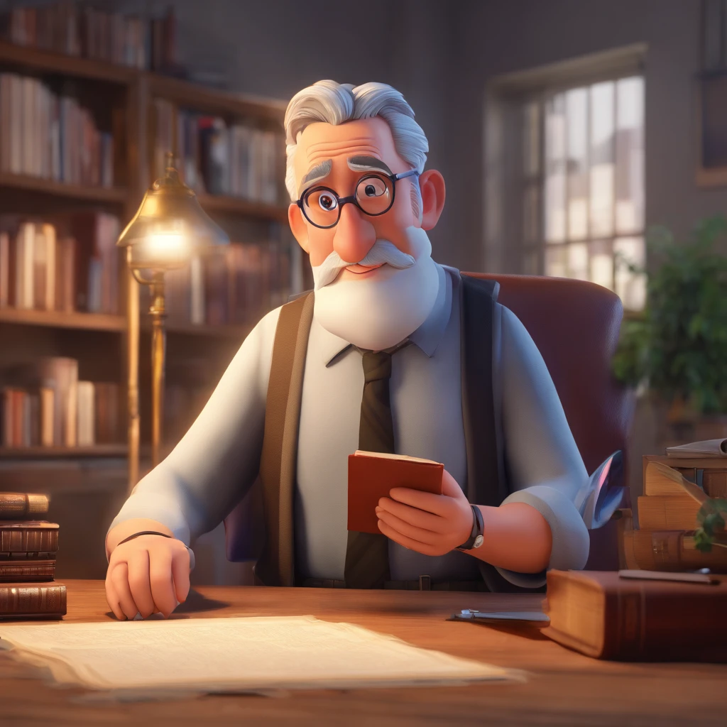 Crie um cartaz inspirado na Disney Pixar com o personagem sendo o pastor Rubens Janier, A gray-haired man wearing glasses, in an office with a Bible on the table