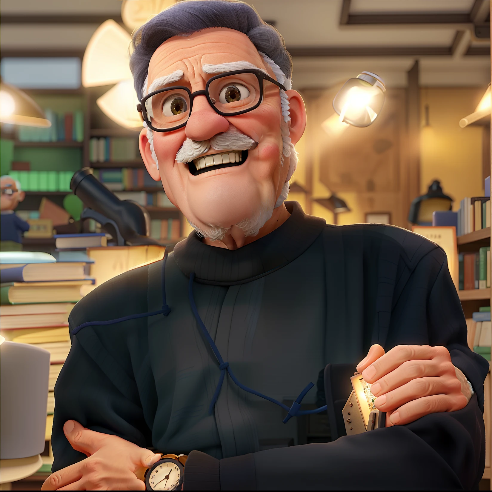 A wise old man standing in front, illuminated by the light of a lamp, against the backdrop of a library