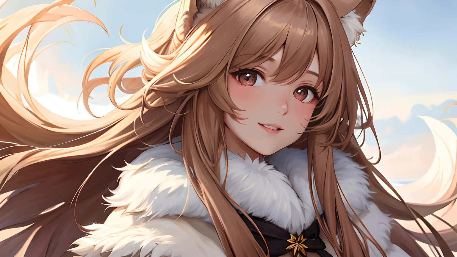 a beautiful girl with long hair and a radiant smile, wearing a furry coat. Her eyes are bright and full of life, reflecting her joyful spirit. The furry coat she is wearing adds a touch of warmth and texture to the overall image. The coat has a soft and fluffy texture, resembling luxurious fur. The girl's lips are delicately painted, with a natural pink color that complements her youthful appearance. Her furry coat is in a shade of light brown, which blends harmoniously with her complexion. The lighting in the scene is soft and warm, casting a gentle glow on the girl's face and highlighting her features. The image quality is of the highest standard, with ultra-detailed and realistic rendering. The colors are vivid and vibrant, emphasizing the beauty of the girl and the furry coat. The overall style of the image leans towards a portrait genre, capturing the essence of the girl's charm and innocence.