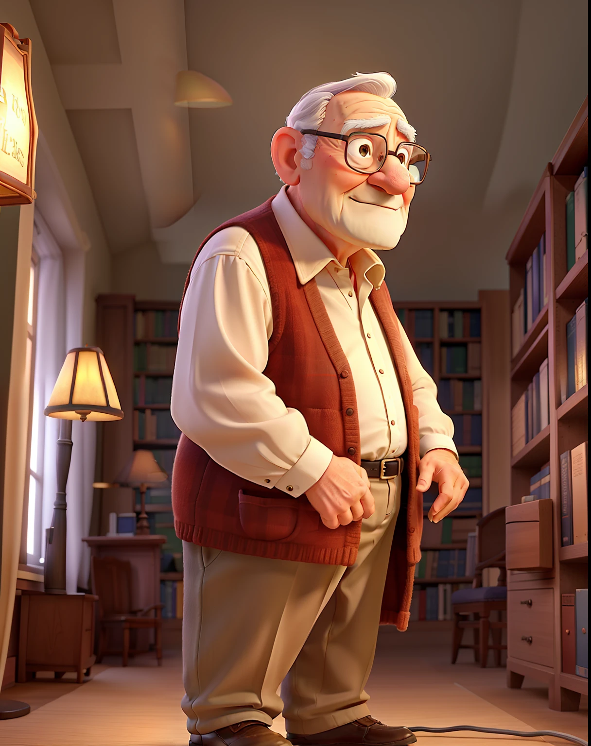 A wise old man standing in front, illuminated by the light of a lamp, against the backdrop of a library