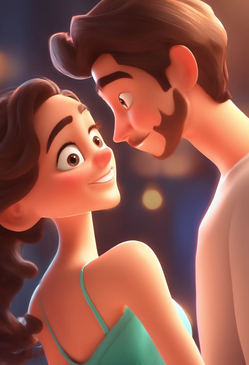 An illustration of an adorable couple, destacando um homem e uma mulher com bonito, Expressive eyes – the man's skin is black and the man's hair is bald and black, while the woman's skin is black and the woman's hair is curly and brown. They are a bright room, cada um com um sorriso no rosto, e compartilhar um momento especial caracterizado pelo amor, arroz, e insights educacionais. Illustrate this scene from a perspective where they are facing away from the camera, Showing Your Connection. Desenvolva esta arte em Full HD, Focus on your cinematic touch, Estilo Disney Pixar Animations