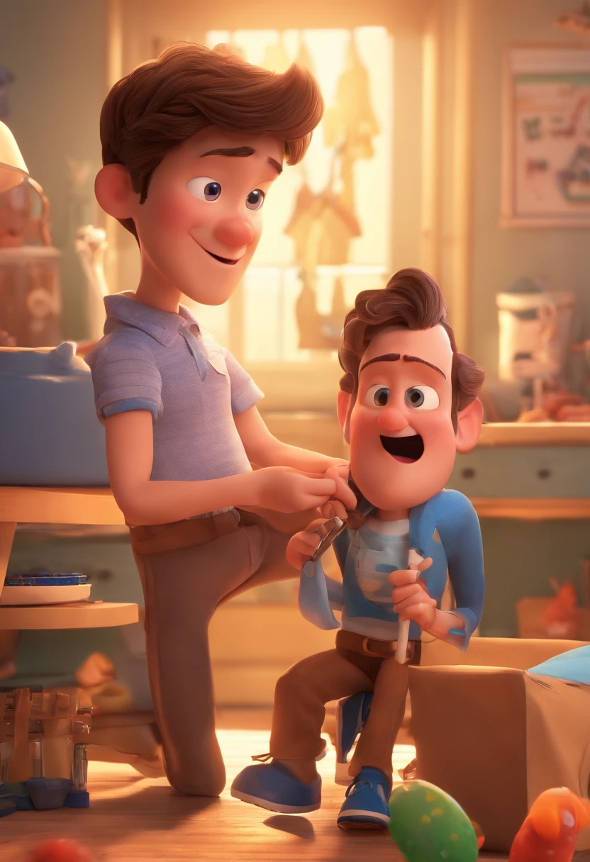 Estilo Pixar: The grown man is holding a naked blue-eyed boy and in his other hand he is holding a pair of scissors and is trying to cut off the boy's testicles,3D Poster,Disney