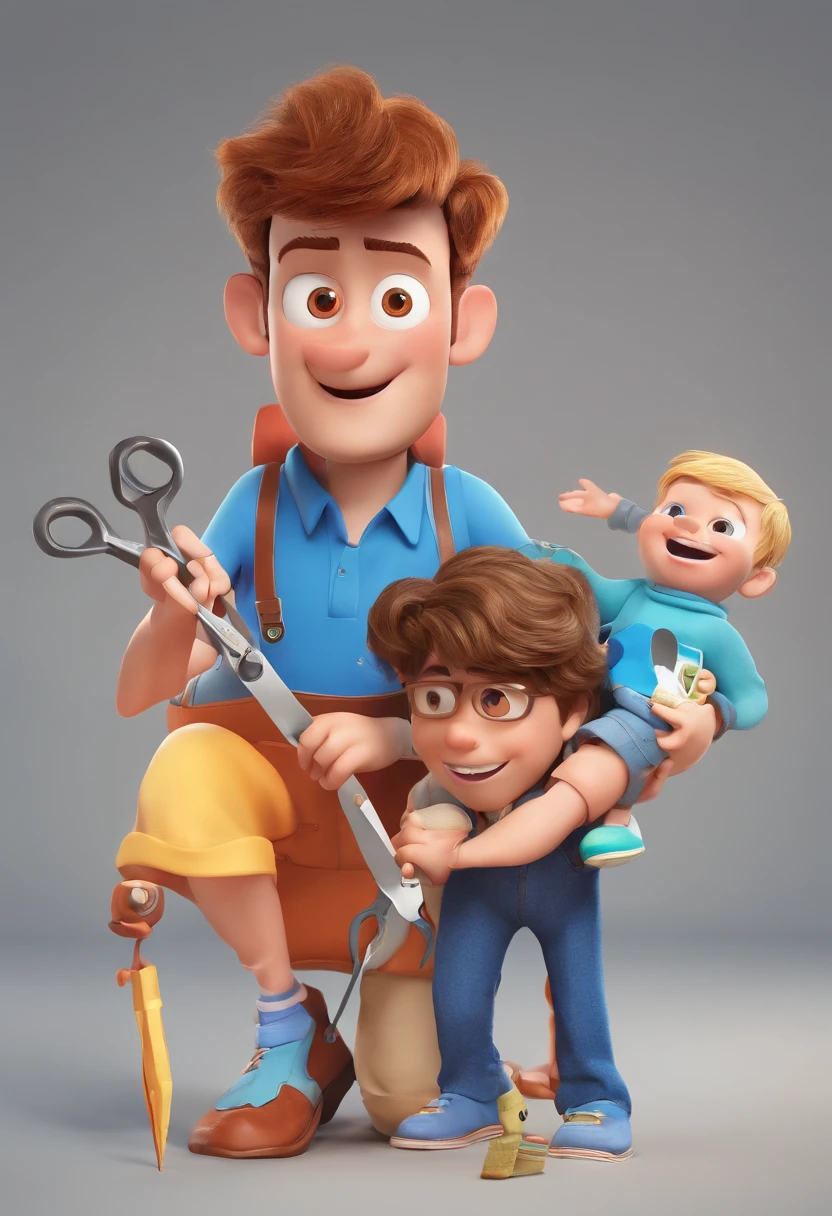 Estilo Pixar: The grown man is holding a naked blue-eyed boy and in his other hand he is holding a pair of scissors and is trying to cut off the boy's testicles,3D Poster,Disney