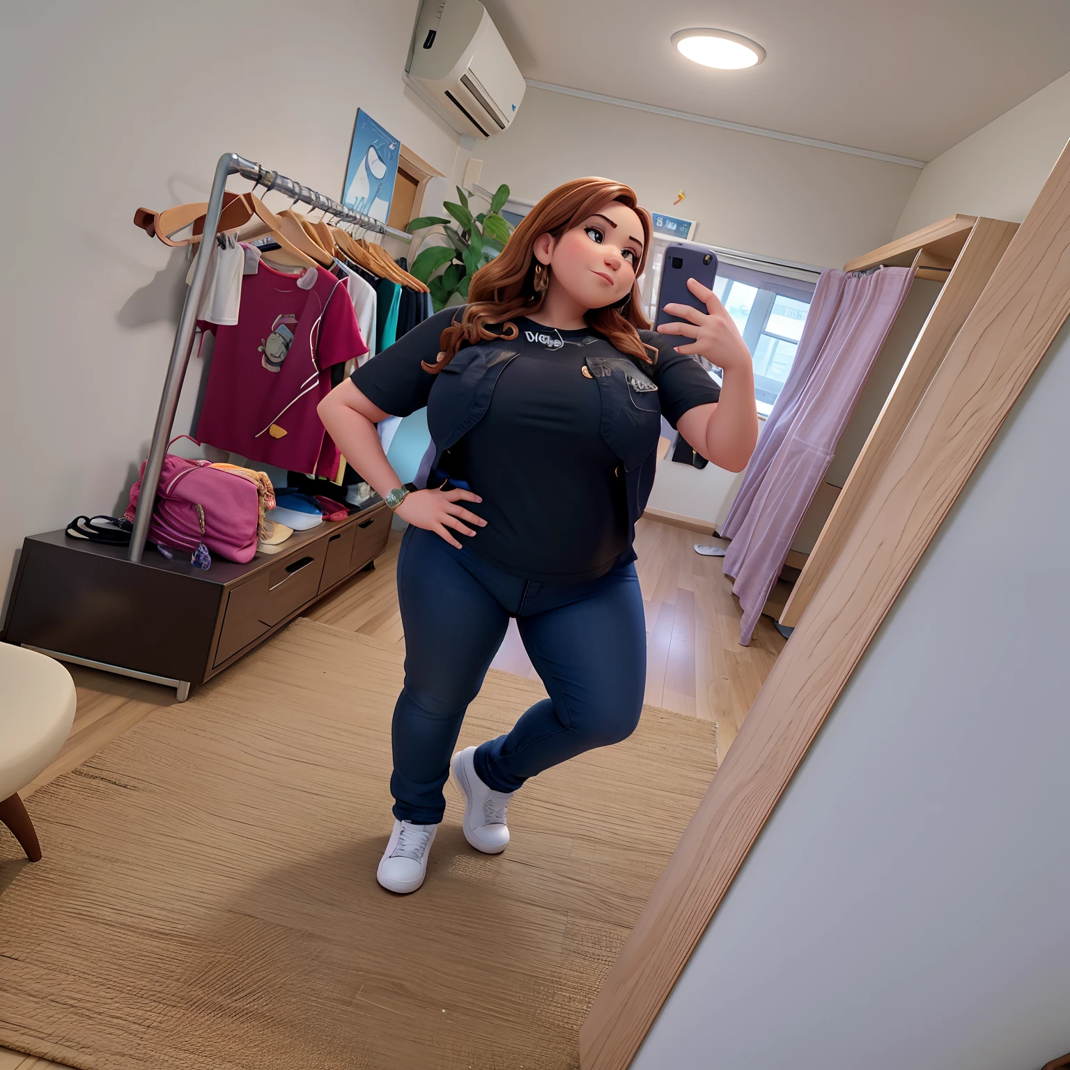 There's a 38-year-old woman taking a selfie in a mirror, foto da roupa, thicc, foto fit, imagem de corpo inteiro, fotografia da roupa, traje: soprar, t pose, roupa preta, vestindo camiseta preta, usando roupas pretas apertadas, vestindo uma camiseta preta, jeans e camiseta, em frente a um espelho, wearing pants and a t-shirt