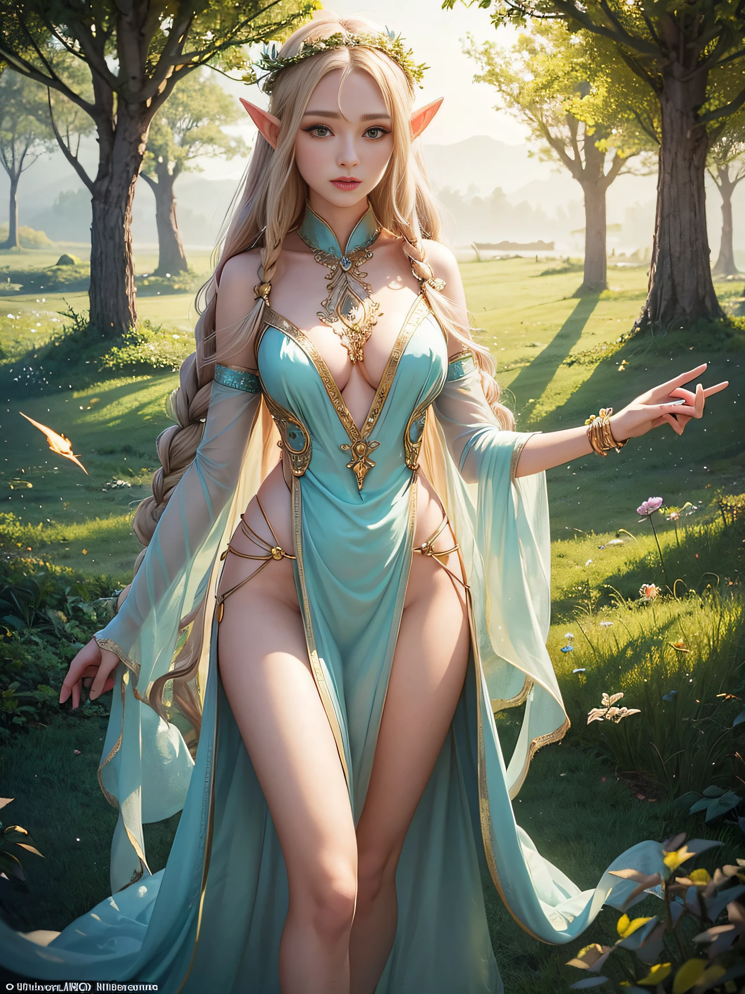 A graceful elf girl stands in a meadow, her delicate features illuminated by the soft light of the setting sun. Her long, flowing hair cascades down her back, adorned with intricate braids and adorned with sparkling jewels. This stunning painting captures the ethereal beauty of elves. Her slender figure in a silk dress sways in the soft meadow breeze. The artist's attention to detail is evident in the intricate patterns of her dress and the subtle highlights of her luminescence. skin. This breathtaking depiction of an elf girl exudes a sense of enchantment and transports the viewer to a magical world. The beautiful elf magician is awe-inspiring as she holds a magician's staff, uses fireball magic, and is about to defeat the Demon King with explosion magic., If you pull up your skirt, you can see your see-through panties and it will be embarrassing.