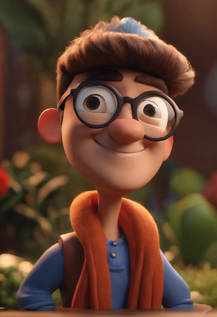 Cartoon character of a man wearing black glasses and a blue shirt, um personagem animado, Caractere estilizado, animation style rendering, 3D estilizado, Arnold Maya render, 3 d render stylized, toon render keyshot, Personagem 3D, Personagem 3D, 3d rendering stylized, 3 d character render, personagem de desenho animado, Personagem de close up, Pose de personagem, (Estilo Pixar) (master part:1.2) (Bokeh) (best quality) (pele detalhada) (textura detalhada) (8k) (argila) (Cinematic lighting) (foco nítido,Senta e vaza a parte superior do corpo