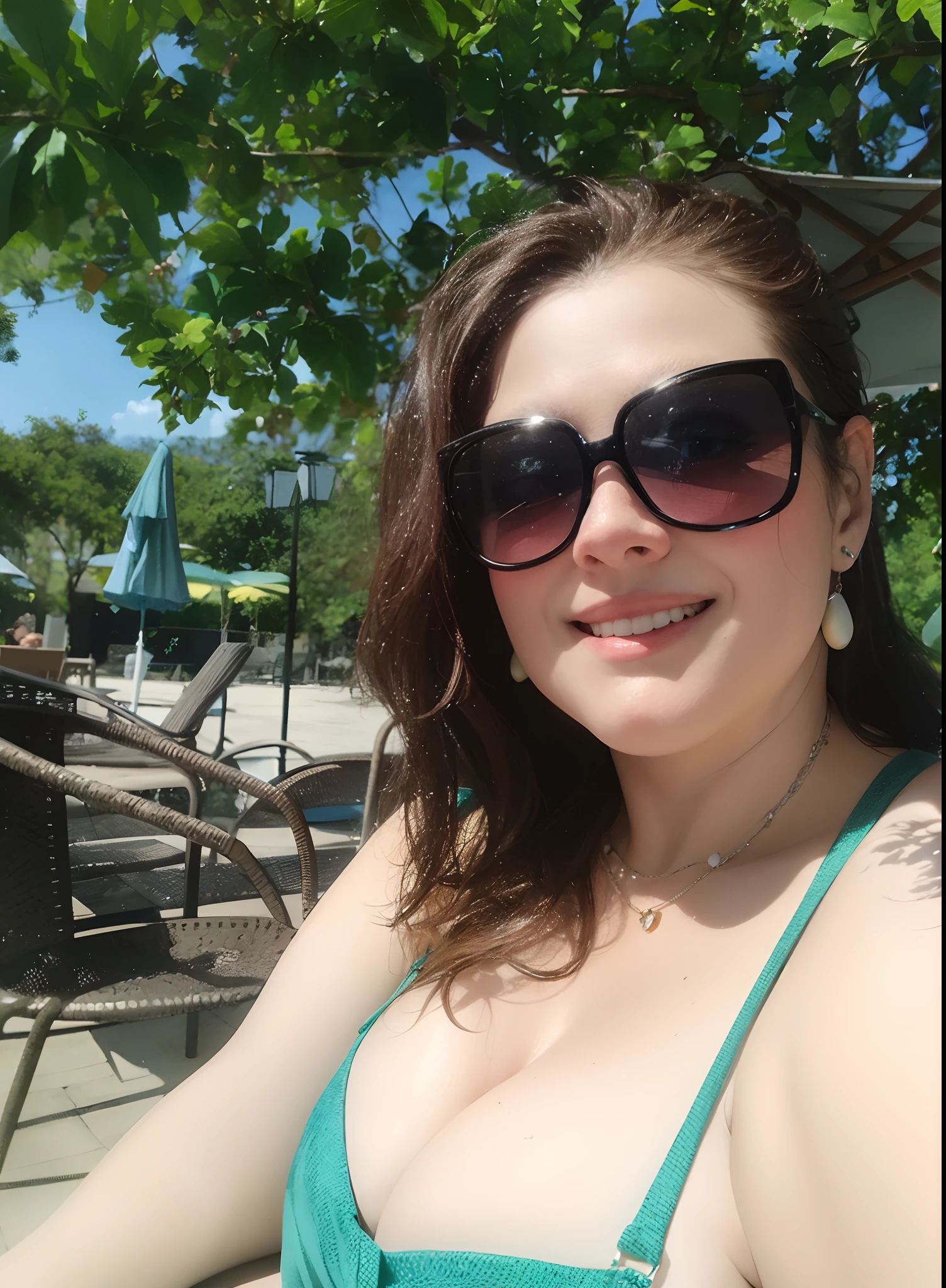 Woman in a green bikini top and sunglasses sitting at a table, 3 0 anos de idade mulher, Mulher de 30 anos, vacation photo, 3 2 anos, Mulheres de 40 anos, 3 6 anos, ao lado de uma piscina, photo from behind, 2 8 anos, 38 anos, 2 9 anos, em um dia ensolarado