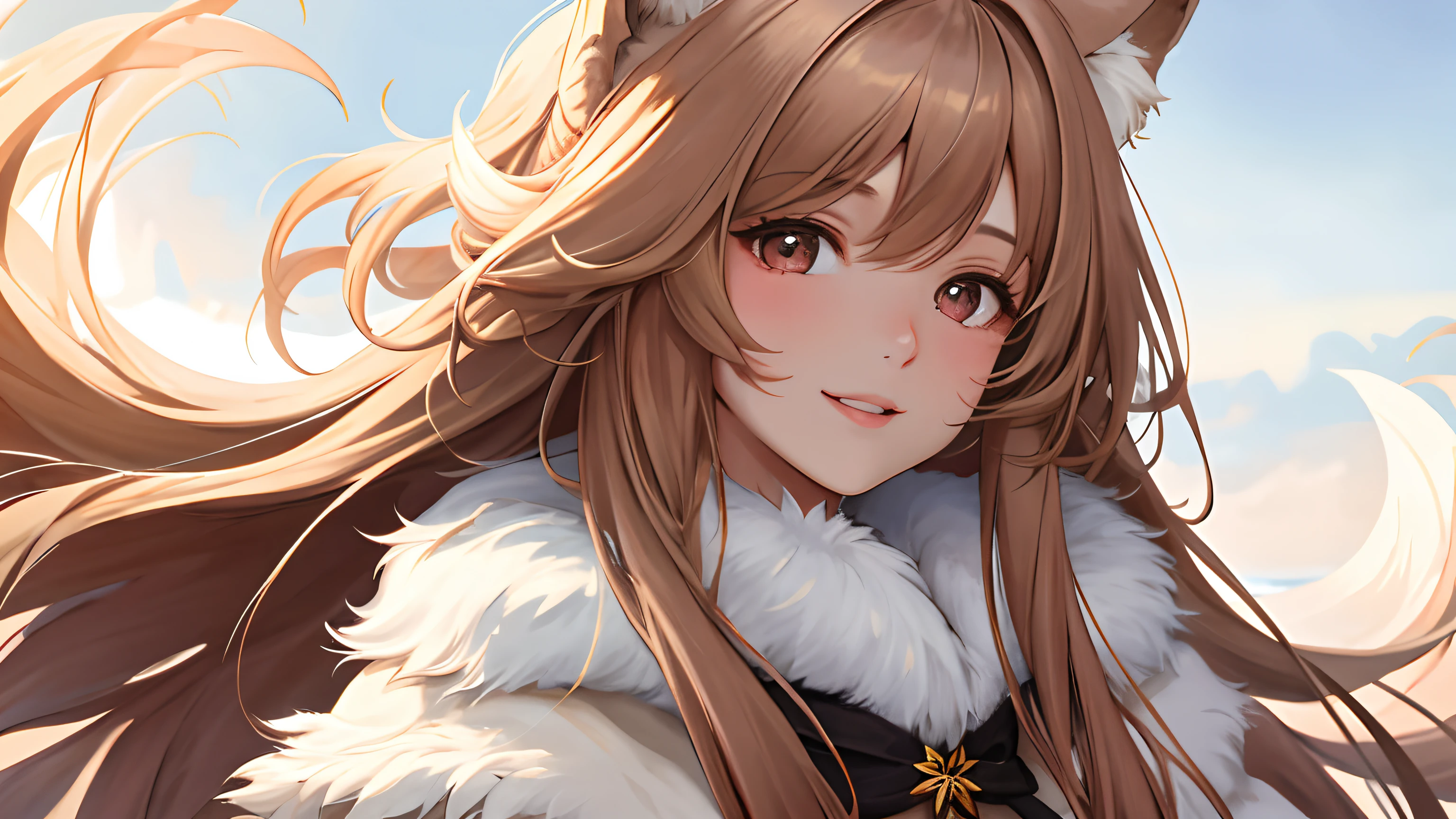 a beautiful girl with long hair and a radiant smile, wearing a furry coat. Her eyes are bright and full of life, reflecting her joyful spirit. The furry coat she is wearing adds a touch of warmth and texture to the overall image. The coat has a soft and fluffy texture, resembling luxurious fur. The girl's lips are delicately painted, with a natural pink color that complements her youthful appearance. Her furry coat is in a shade of light brown, which blends harmoniously with her complexion. The lighting in the scene is soft and warm, casting a gentle glow on the girl's face and highlighting her features. The image quality is of the highest standard, with ultra-detailed and realistic rendering. The colors are vivid and vibrant, emphasizing the beauty of the girl and the furry coat. The overall style of the image leans towards a portrait genre, capturing the essence of the girl's charm and innocence.