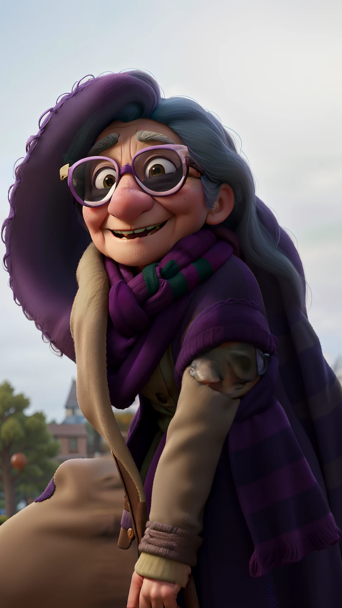 masterpiece, best quality, an old woman with glasses and a scarf on, wearing a purple coat and green scarf, standing at the park