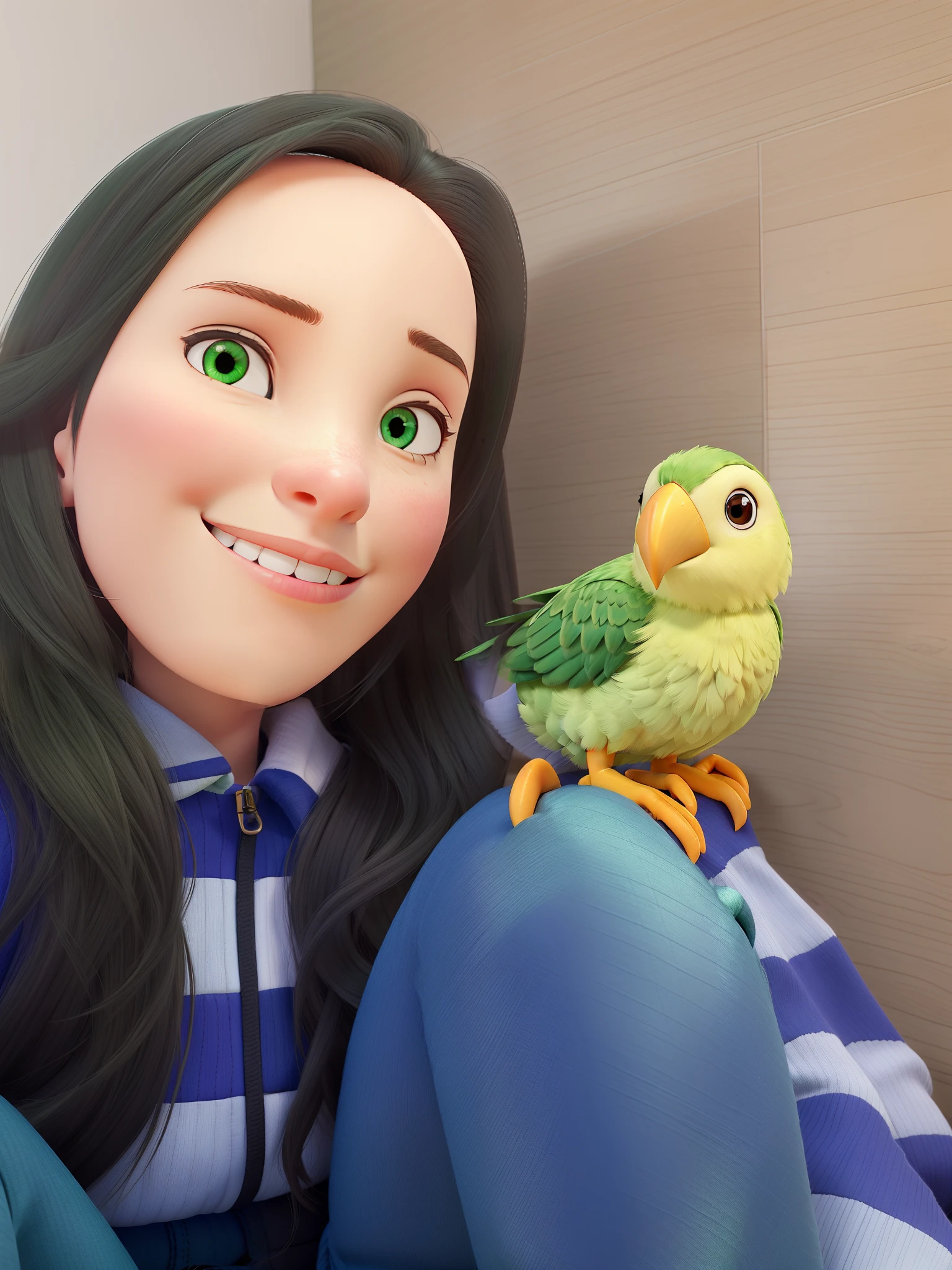 Girl sitting with bent knees and a green bird on my leg, boa qualidade, great quality