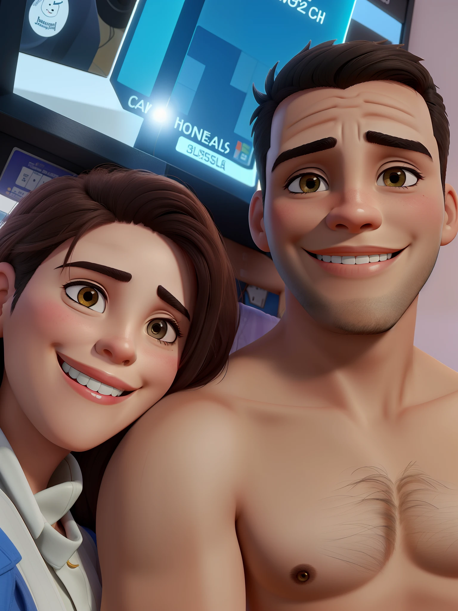 Um casal mulher sorrindo e homen sem camisa