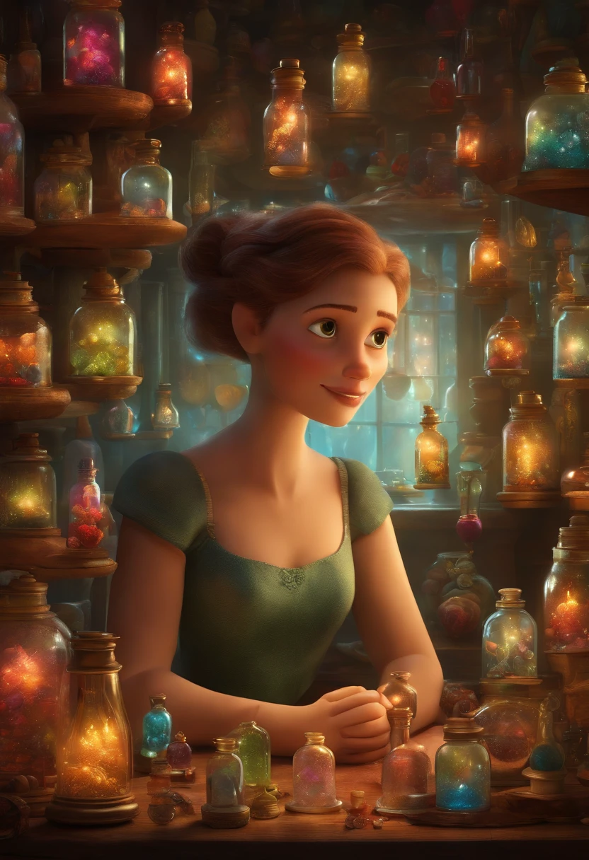 A collector of ideas inspired by Pixar animation, de perto. She is surrounded by a collection of magic vials, each containing a unique idea. The focus is on the character, with a captivating facial expression, Against a backdrop of shimmering, cores efervescentes.