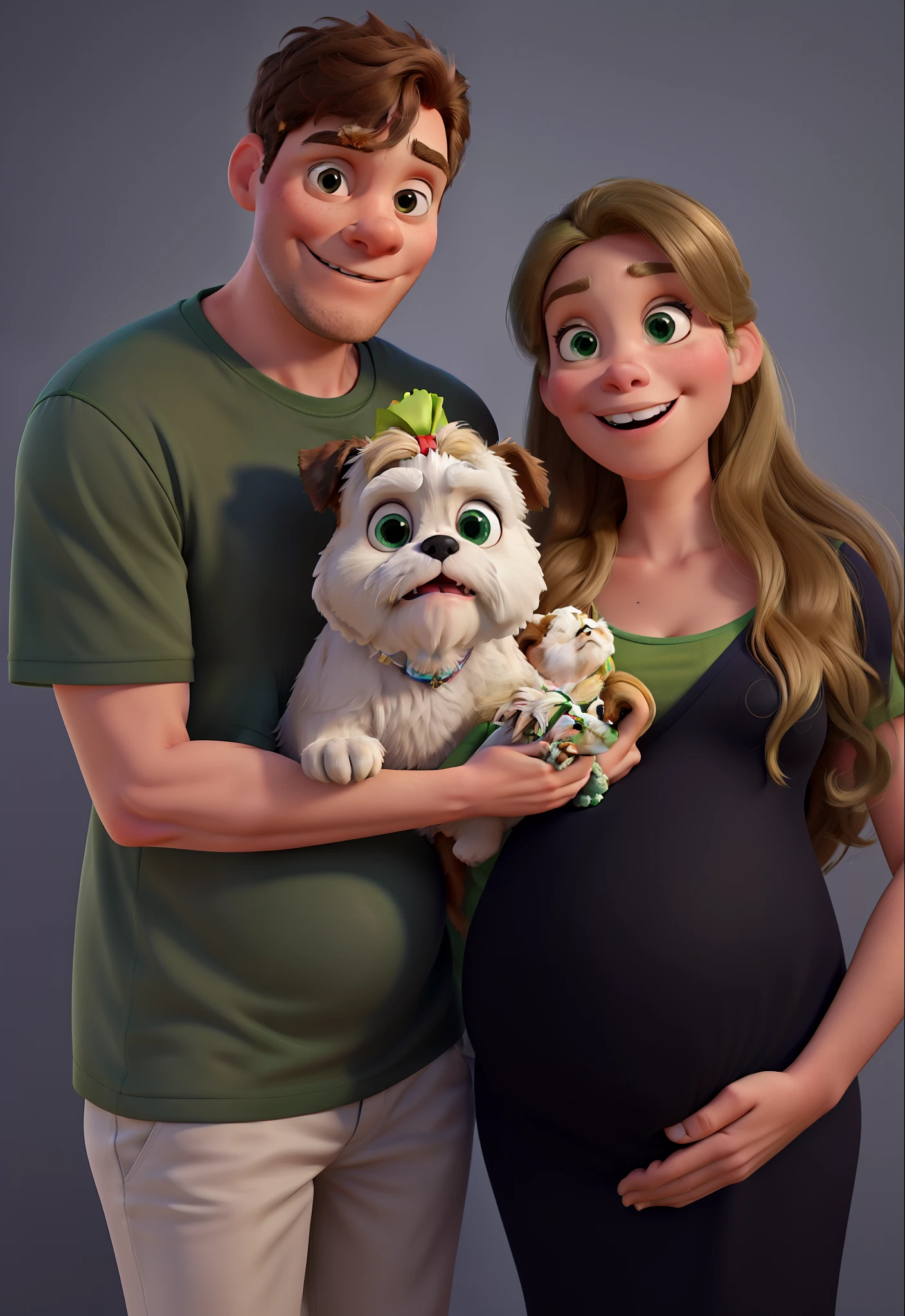 Disney Pixar style 3D poster, white man, in a green t-shirt, holding a female shih tzu dog with a bow on her head, white and a blonde woman with long hair, in a white dress, who is pregnant