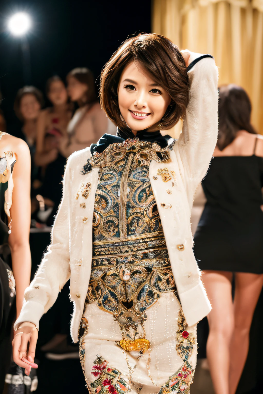 (best quality,4k,8k,highres,masterpiece:1.2),ultra-detailed,(realistic,photorealistic,photo-realistic:1.37),HDR,UHD,studio lighting,ultra-fine painting,sharp focus,physically-based rendering,extreme detail description,professional,vivid colors,bokeh,portraits
A fashion model yukinatsume:1.1 stands confidently on the runway, capturing everyone's attention with her striking presence. Her tall and slender figure exudes elegance as she confidently walks down the stage, showcasing the latest Gucci dress. Her gaunt look adds a unique edginess to her appearance, emphasizing her avant-garde fashion sense. Her coy smile reveals a hint of mystery, leaving the audience intrigued and captivated by her charm.
As she gracefully moves, a mischievous cat makes its appearance on the stage, playfully walking alongside her. The cat adds a touch of whimsy to the scene, creating a dynamic interaction between the model and the animal. The model extends her arm, waving at the audience, while the cat curiously sniffs the air.
The lighting is carefully set to enhance the model's features and the exquisite details of the dress. The studio lighting casts a soft glow on her face, highlighting her beautiful detailed eyes and lips. The high-quality image showcases the intricate patterns and textures of the Gucci dress, emphasizing the craftsmanship and attention to detail. The colors are vibrant and vivid, bringing the fashion piece to life.
In the background, a hint of a bustling crowd is suggested, adding depth to the scene. The overall color palette is carefully chosen to complement the fashion model and the outfit, creating a harmonious and visually appealing composition.
This prompt aims to capture the essence of fashion and artistry, presenting a visually stunning and captivating image of a fashion model as she confidently struts her stuff on the runway.