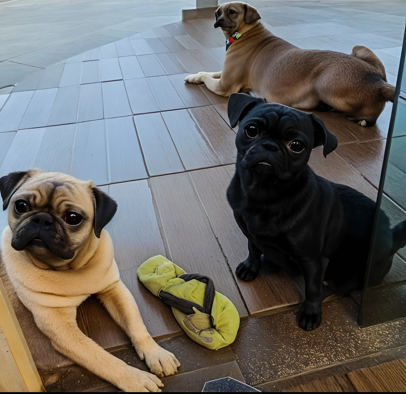 Three dogs are sitting on the floor in front of a glass door, they are all laying down, relaxing after a hard day, chillin no clube juntos, esperando pacientemente, deitados de costas, looking distracted and awkward, taken in the early 2020s, sentam-se ao lado de uma pilha de ossos, they are unhappy, looking defiantly at the camera