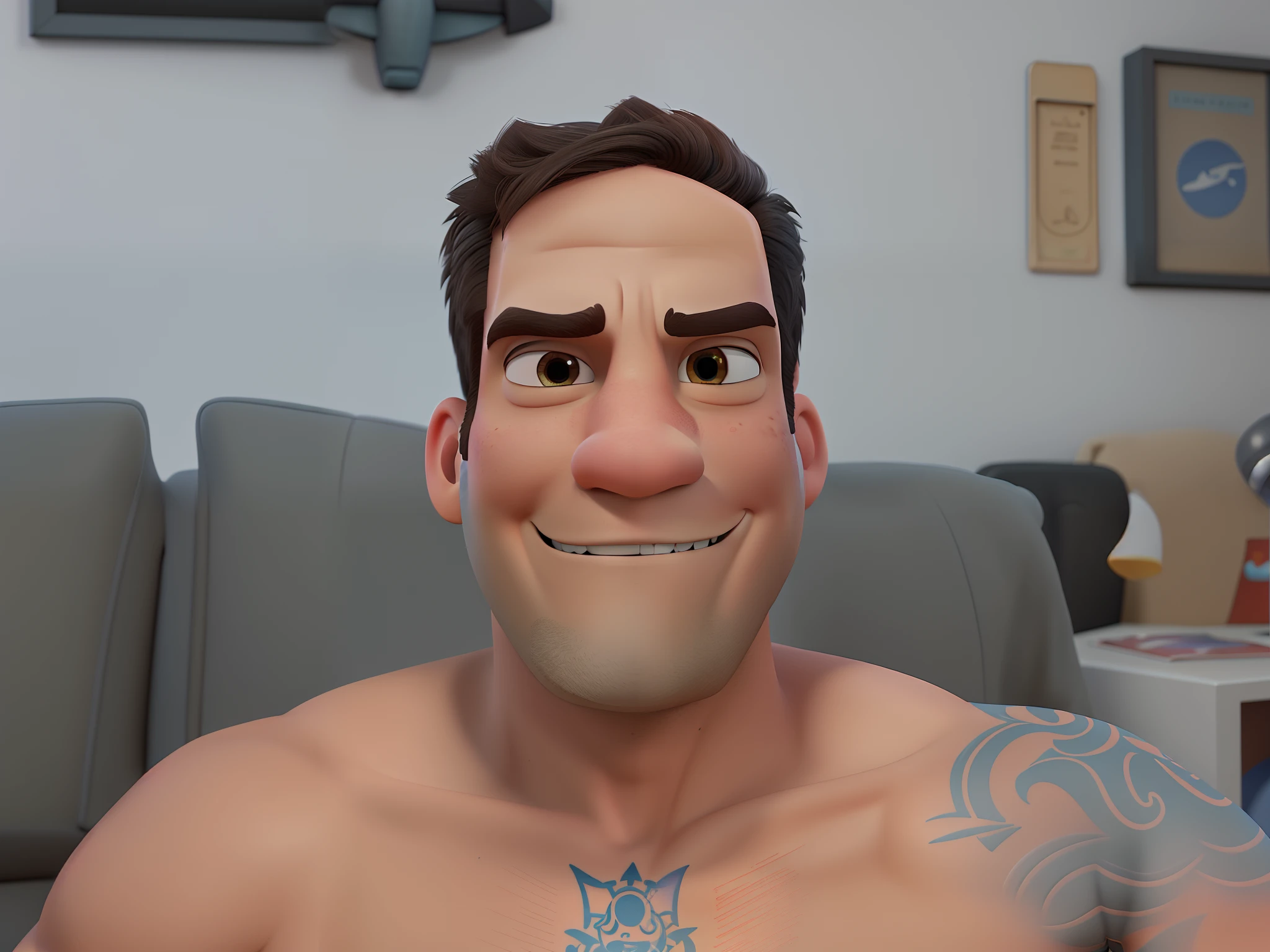 Pixar homem 85kg careca moreno de pede olhos castanhos e de unhas longas quadradas de francesinha