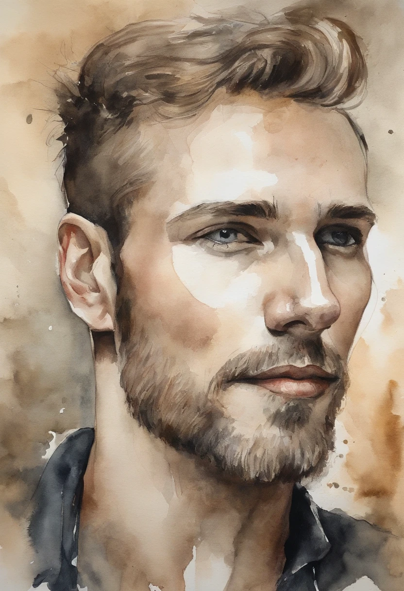 Pale skin and slender face. Ethnic Romanian with messy blonde hair and short beard. Vestindo um terno preto e camisa preta, with intense steaming almond eyes. Senso de poder e autoridade. A robust appearance. young man. olhos em camadas