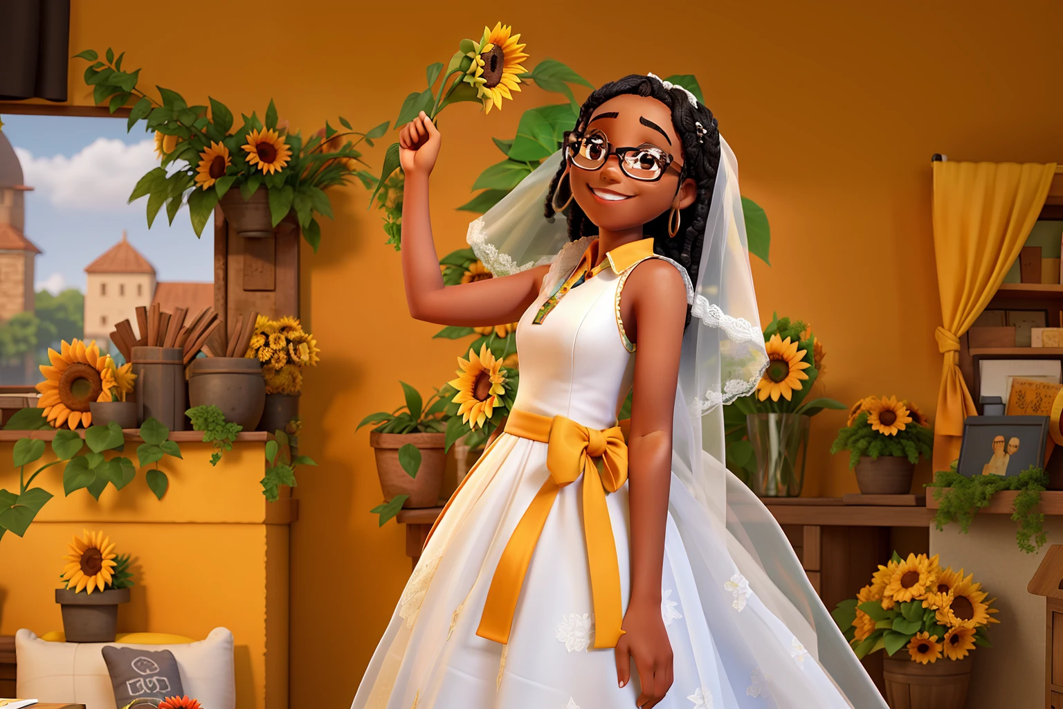 Young black woman in glasses wide smile, one arm raised, Flat wall background with various vases with sunflowers, bridal veil
