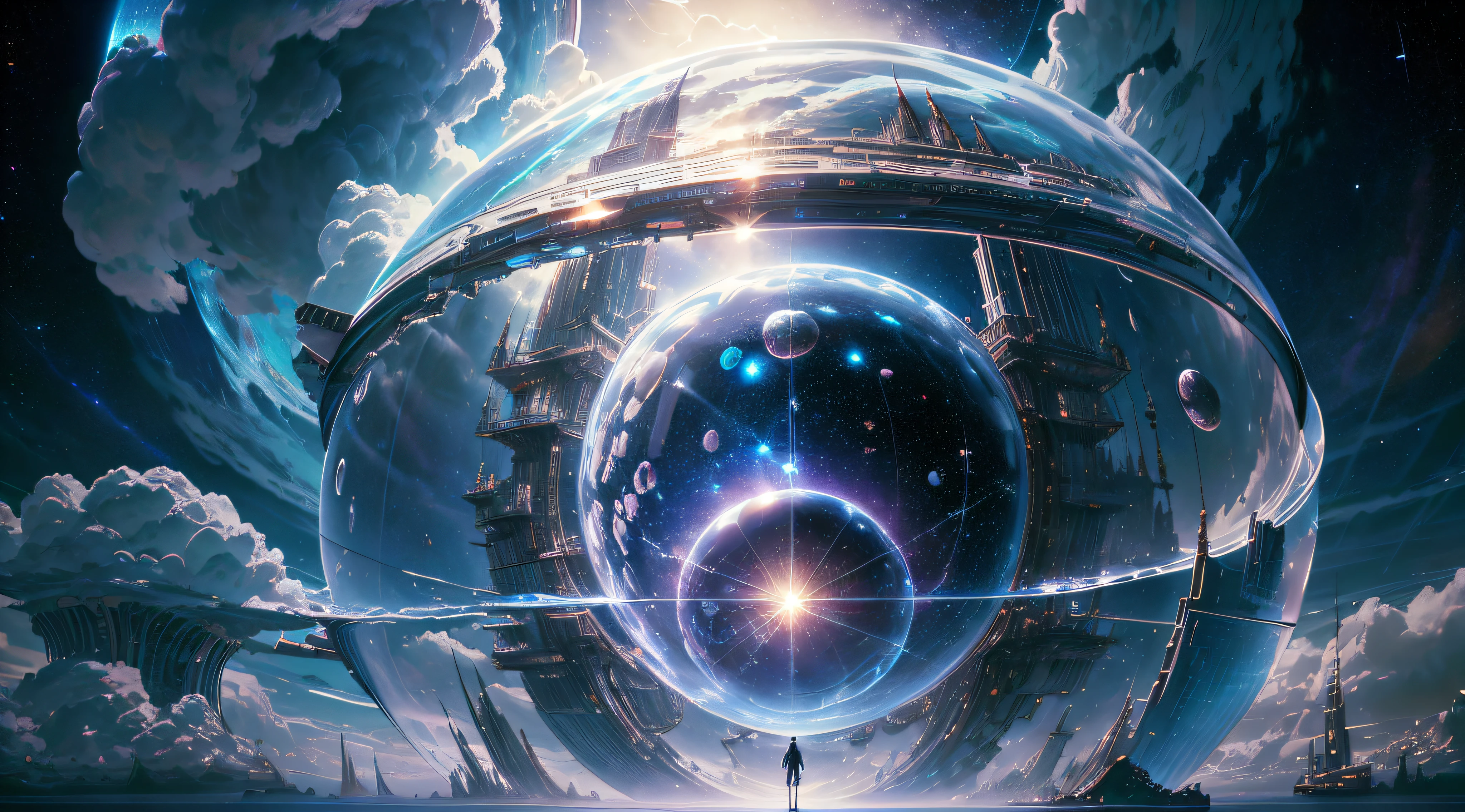 a giant mirrored sphere floating in space, a futuristic city within the sphere, new york, statue of liberty, perspective, twinkling lights, a man admiring, jeans, sweatshirt, (dark sky with clouds and stars:1.3), particles in the air, ray of god, detailed, masterpiece, high resolution, best quality, HD detail, hyper-detail, cinematic, surrealism, soft light, ray tracing and surrealism. --auto --s2