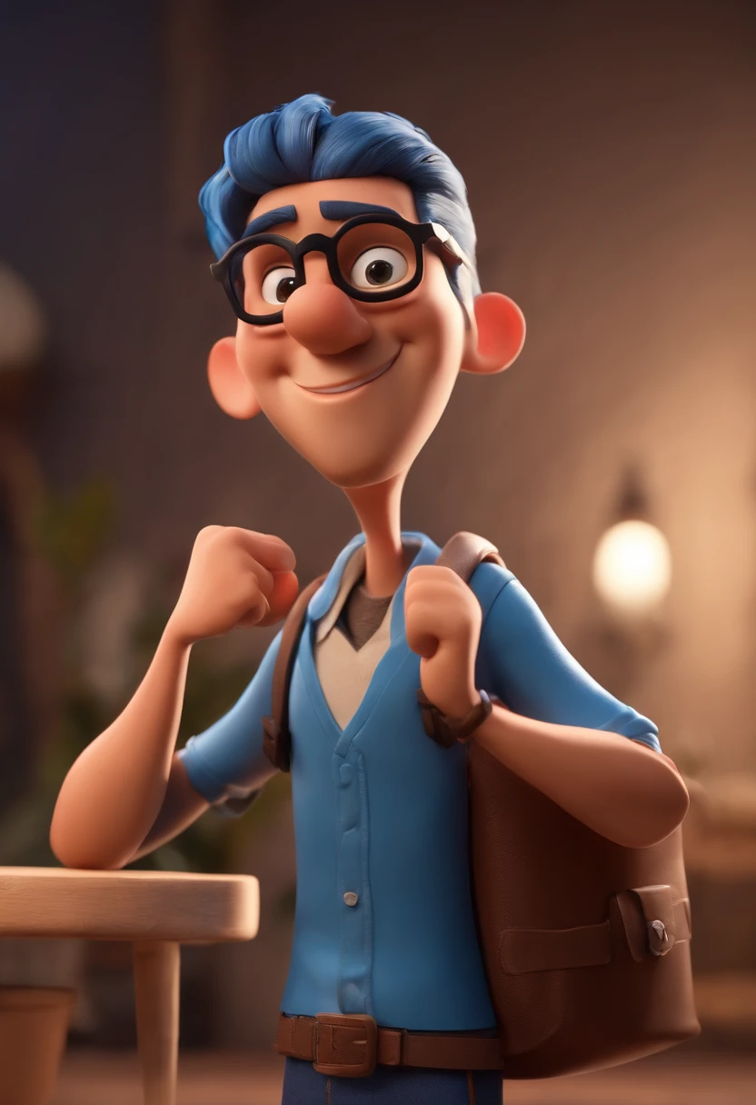 Cartoon character of a man wearing black glasses and a blue shirt, um personagem animado, Caractere estilizado, animation style rendering, 3D estilizado, Arnold Maya render, 3 d render stylized, toon render keyshot, Personagem 3D, Personagem 3D, 3d rendering stylized, 3 d character render, personagem de desenho animado, Personagem de close up, Pose de personagem, (Estilo Pixar) (master part:1.2) (Bokeh) (best quality) (pele detalhada) (textura detalhada) (8k) (argila) (Cinematic lighting) (foco nítido,Senta e vaza a parte superior do corpo