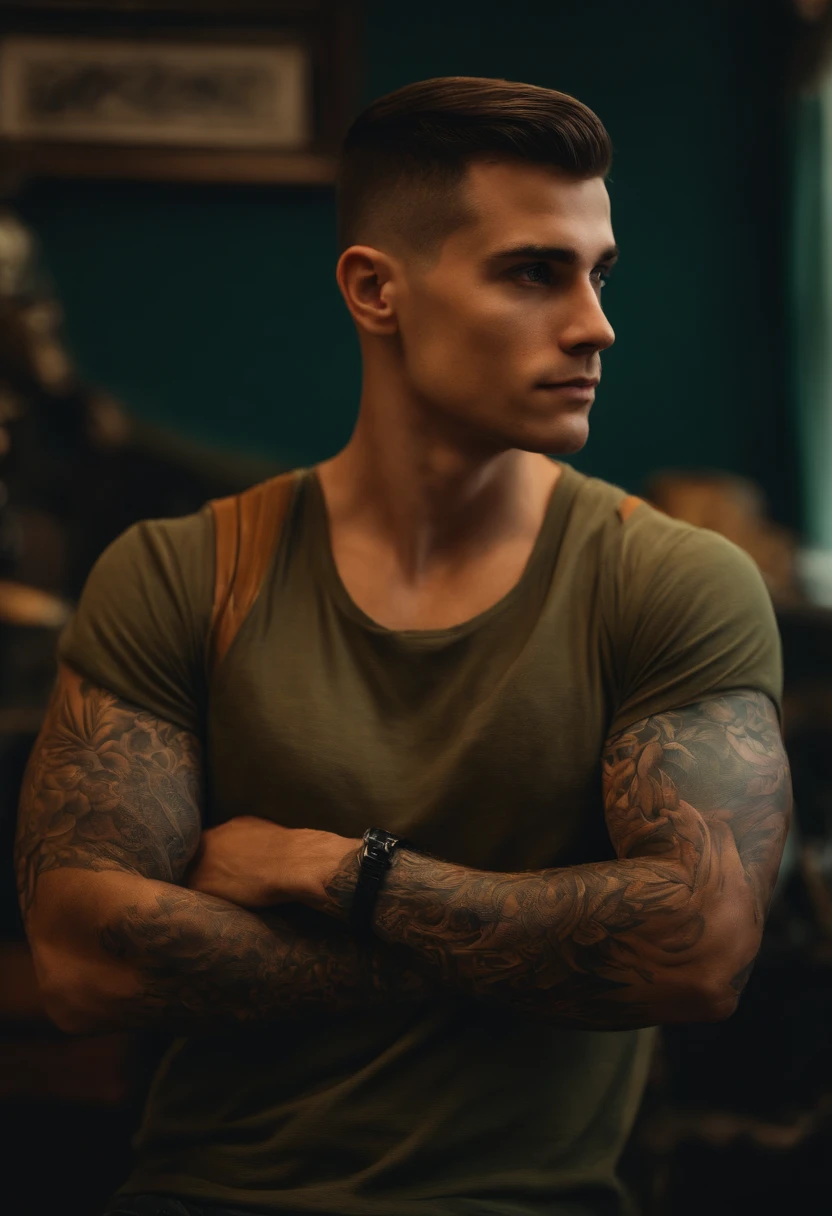 homem de aparentemente 24 anos, Brunette with a tattooed arm military haircut, e cavanhaque  em formato Pixar