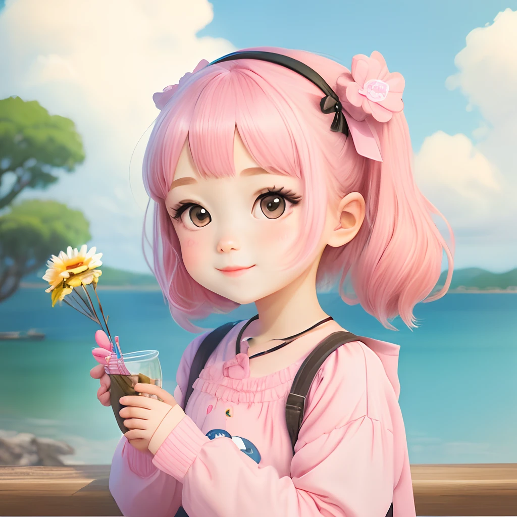 Anthropomorphic girl of cute pink in anime style