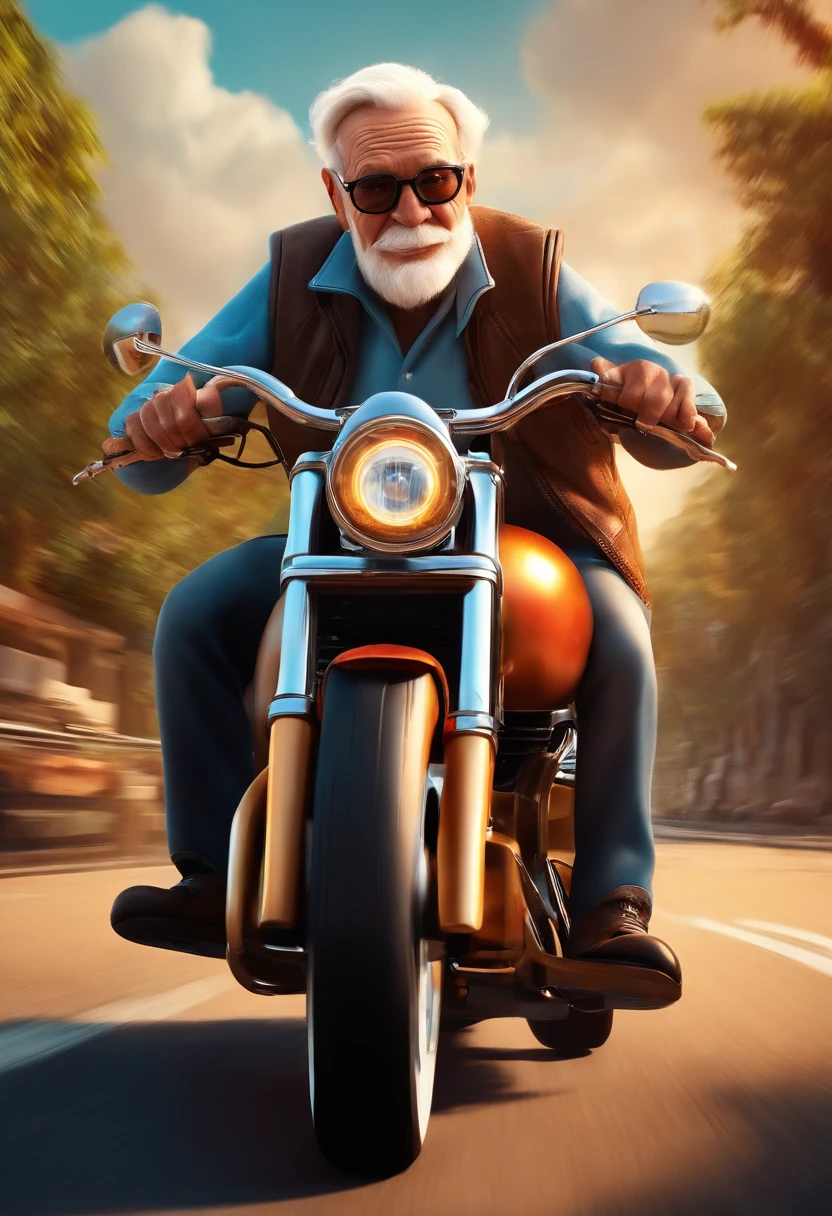 a 3D Disney Pixar style poster of an elderly man with glasses, pilotando uma Harley Davison 883 em um passeio de motocicleta
