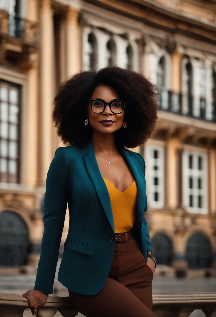 estilo disney pixar alta qualidade, melhor qualidade mulher negra, pele escura cabelo curto no ombro liso , Glasses: Rounded, Brown, Strong Personality, judge, em blazer preto, sorrindo, 30 anos, in the Forum