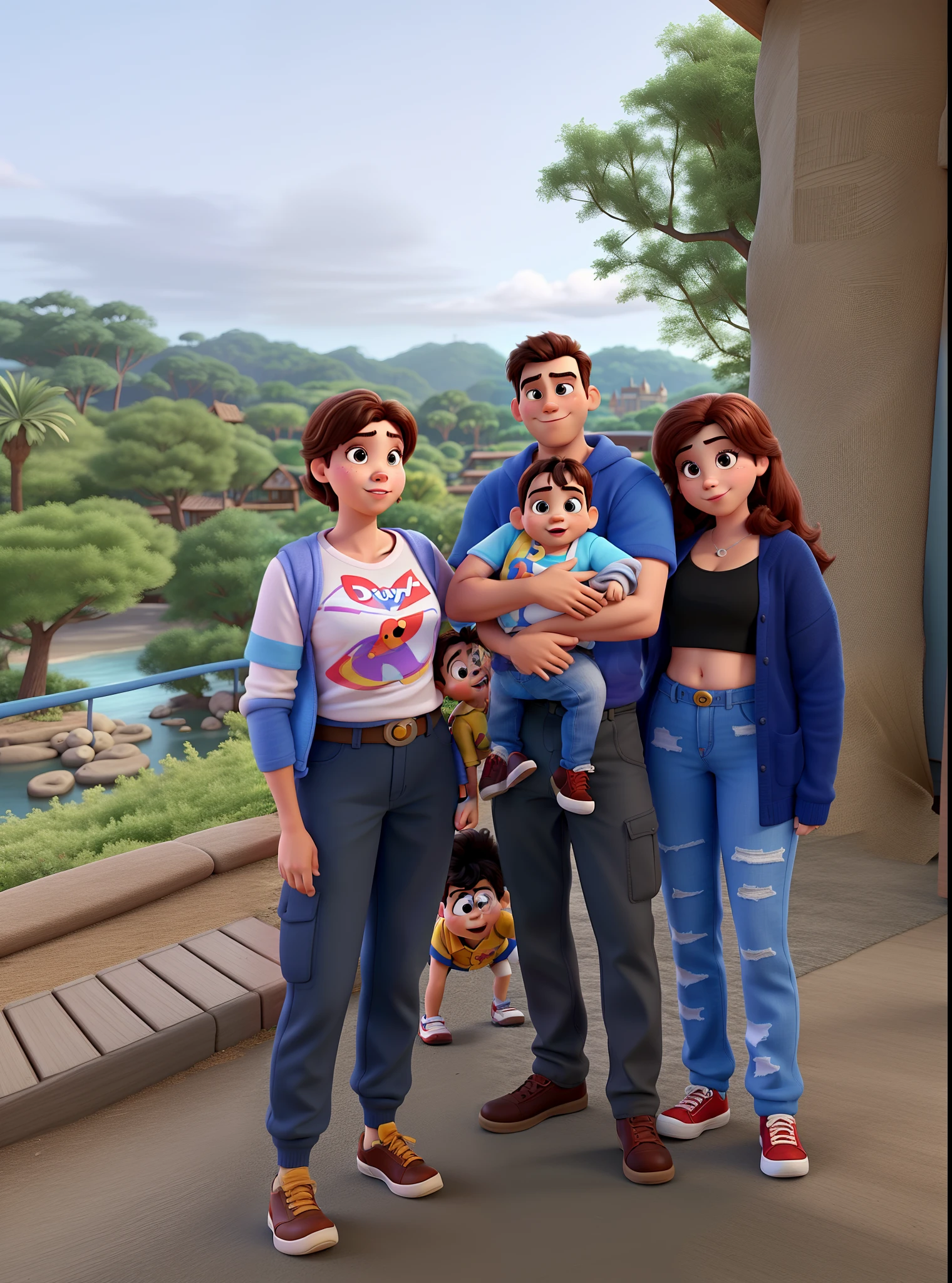 A Disney Pixar-style family, alta qualidade, homem, mulher,  Son and Teenghter.