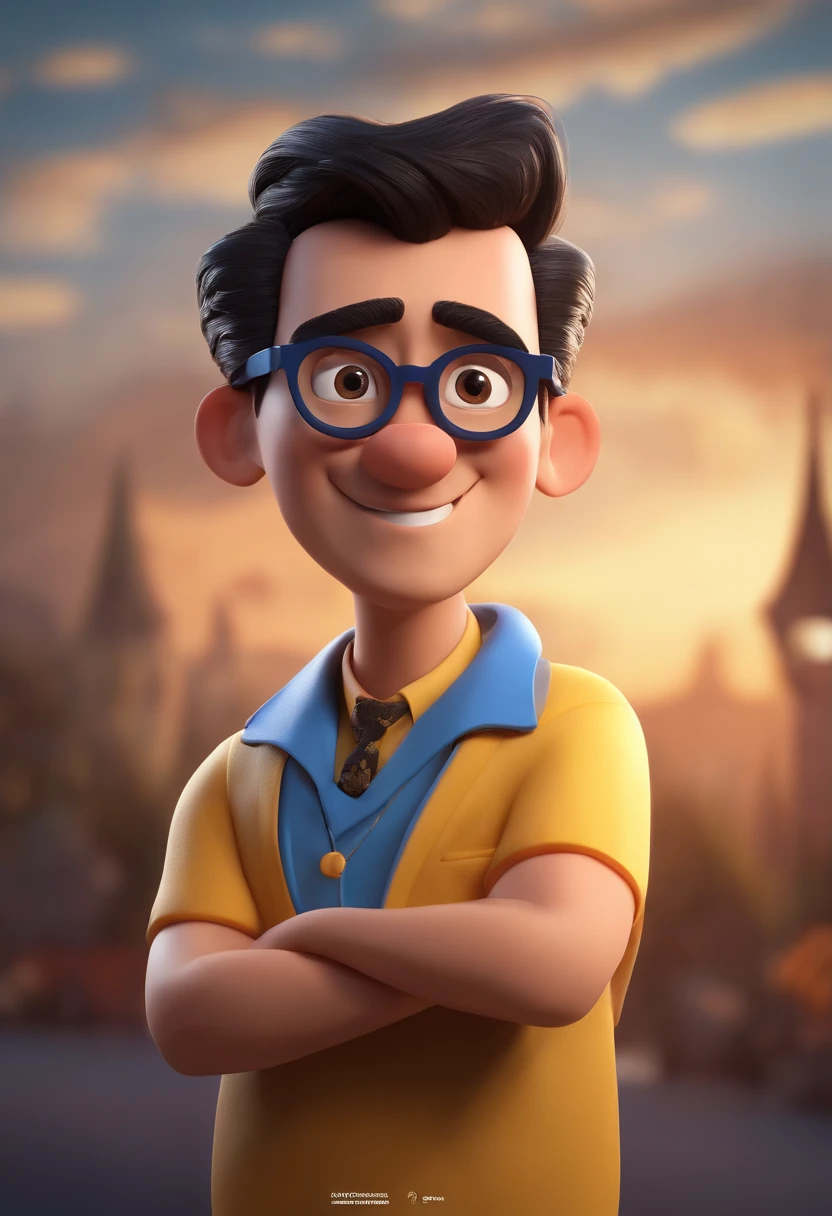 Cartoon character of a man wearing black glasses and a blue shirt, um personagem animado, Caractere estilizado, animation style rendering, 3D estilizado, Arnold Maya render, 3 d render stylized, toon render keyshot, Personagem 3D, Personagem 3D, 3d rendering stylized, 3 d character render, personagem de desenho animado, Personagem de close up, Pose de personagem, (Estilo Pixar) (master part:1.2) (Bokeh) (best quality) (pele detalhada) (textura detalhada) (8k) (argila) (Cinematic lighting) (foco nítido，Senta e vaza a parte superior do corpo