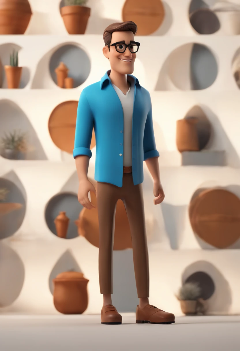Cartoon character of a man wearing black glasses and a blue shirt, um personagem animado, Caractere estilizado, animation style rendering, 3D estilizado, Arnold Maya render, 3 d render stylized, toon render keyshot, Personagem 3D, Personagem 3D, 3d rendering stylized, 3 d character render, personagem de desenho animado, Personagem de close up, Pose de personagem, (Estilo Pixar) (master part:1.2) (Bokeh) (best quality) (pele detalhada) (textura detalhada) (8k) (argila) (Cinematic lighting) (foco nítido，Senta e vaza a parte superior do corpo