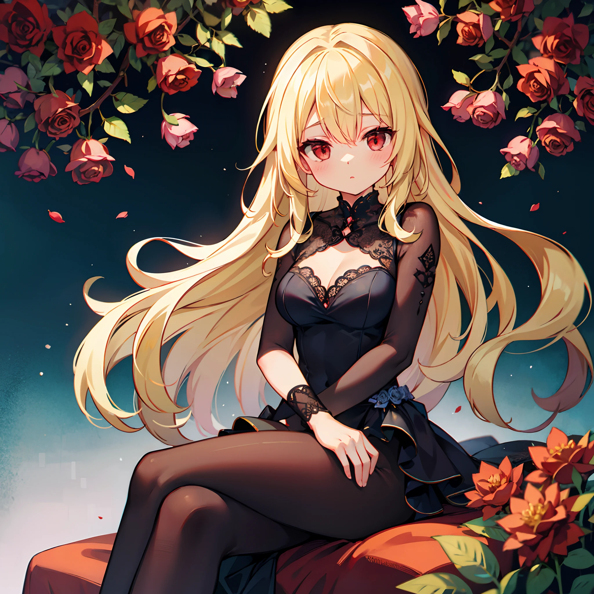 Girl with wavy blonde hair and red eyes、Sitting surrounded by roses、Sexy clothes