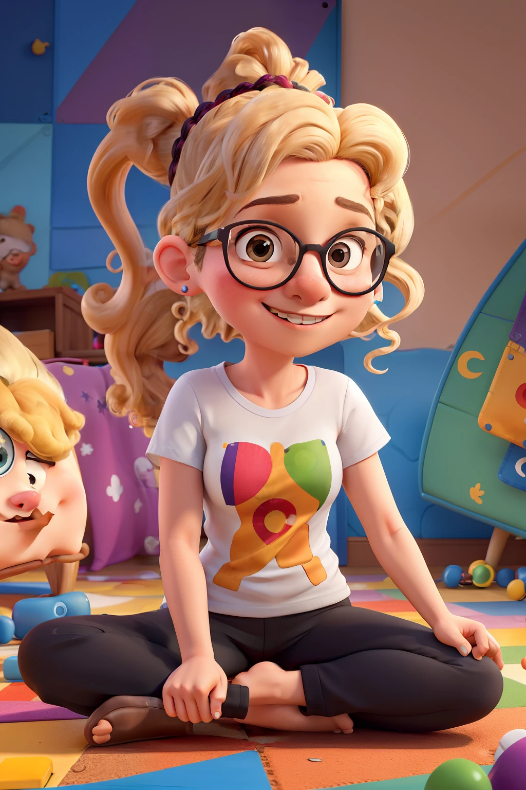 Woman psychologist with ponytail blonde curly hair, loiro cacheado, bespectacled, T-shirt with colorful puzzle pieces print, Autism symbol and black pants, sitting on ground, Brinquedos,m, sala colorida