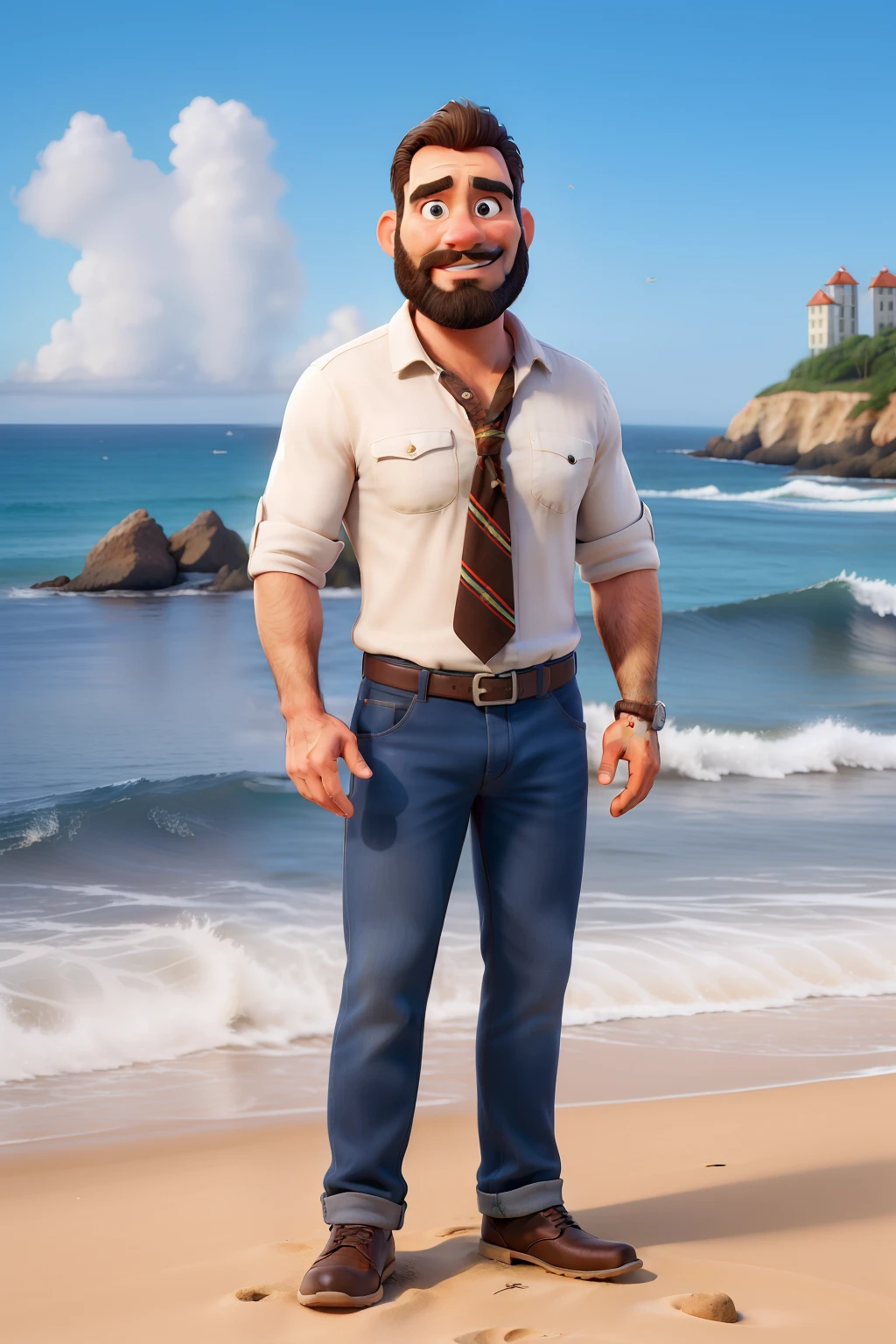 Obra-prima, de melhor qualidade, um homem de 43 anos cor parda, calvo,barba baixa e uma mulher branca de cabelos castanhos escuros encaracolados num cenario de praia.