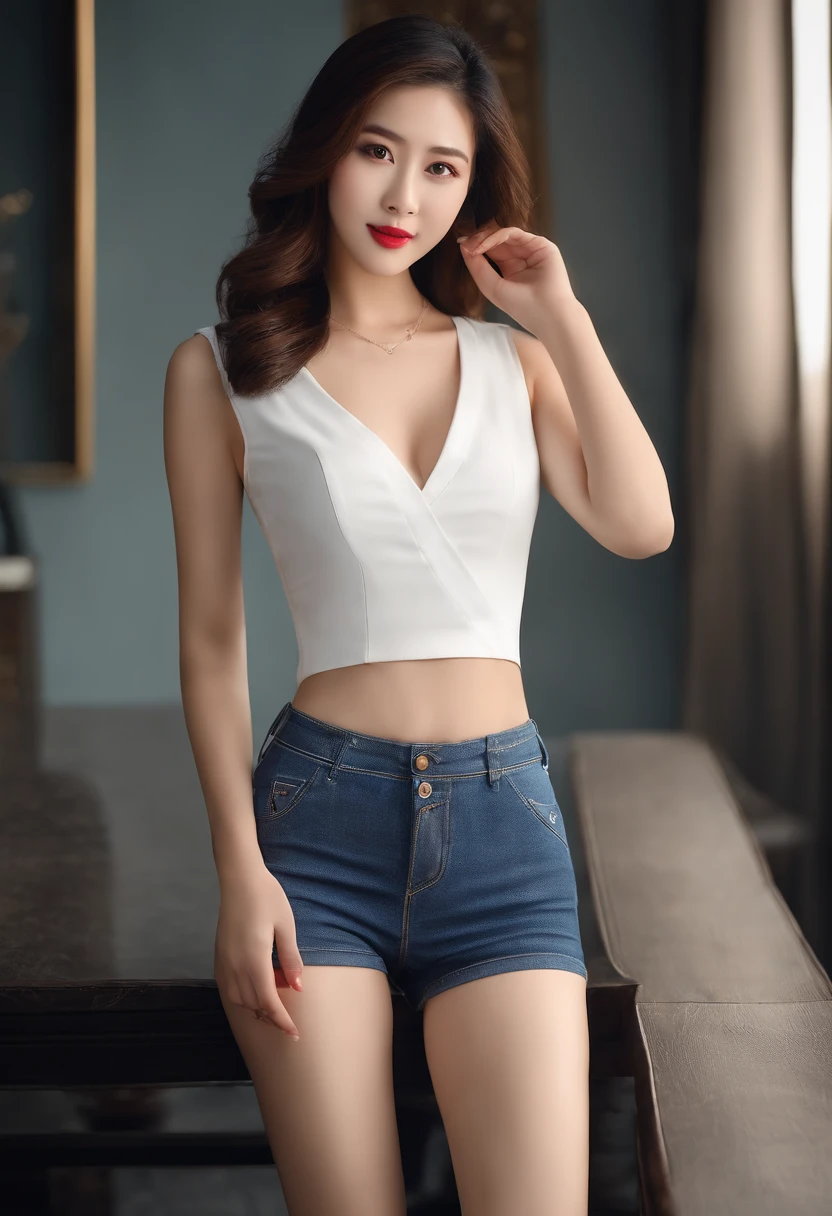 Magazine illustration,Arakfi Asian woman,White top and blue denim skirt, Slim girl model, Gorgeous young Chinese woman, skinny waist and thick hips, Thin waist, 2 4 year old female model, gorgeous chinese models, smooth white tight clothes suit, photo of slim girl, full body cute young lady,Sony SLR lens,Master masterpieces,Ultra high quality,Soft lighting,Bust photo