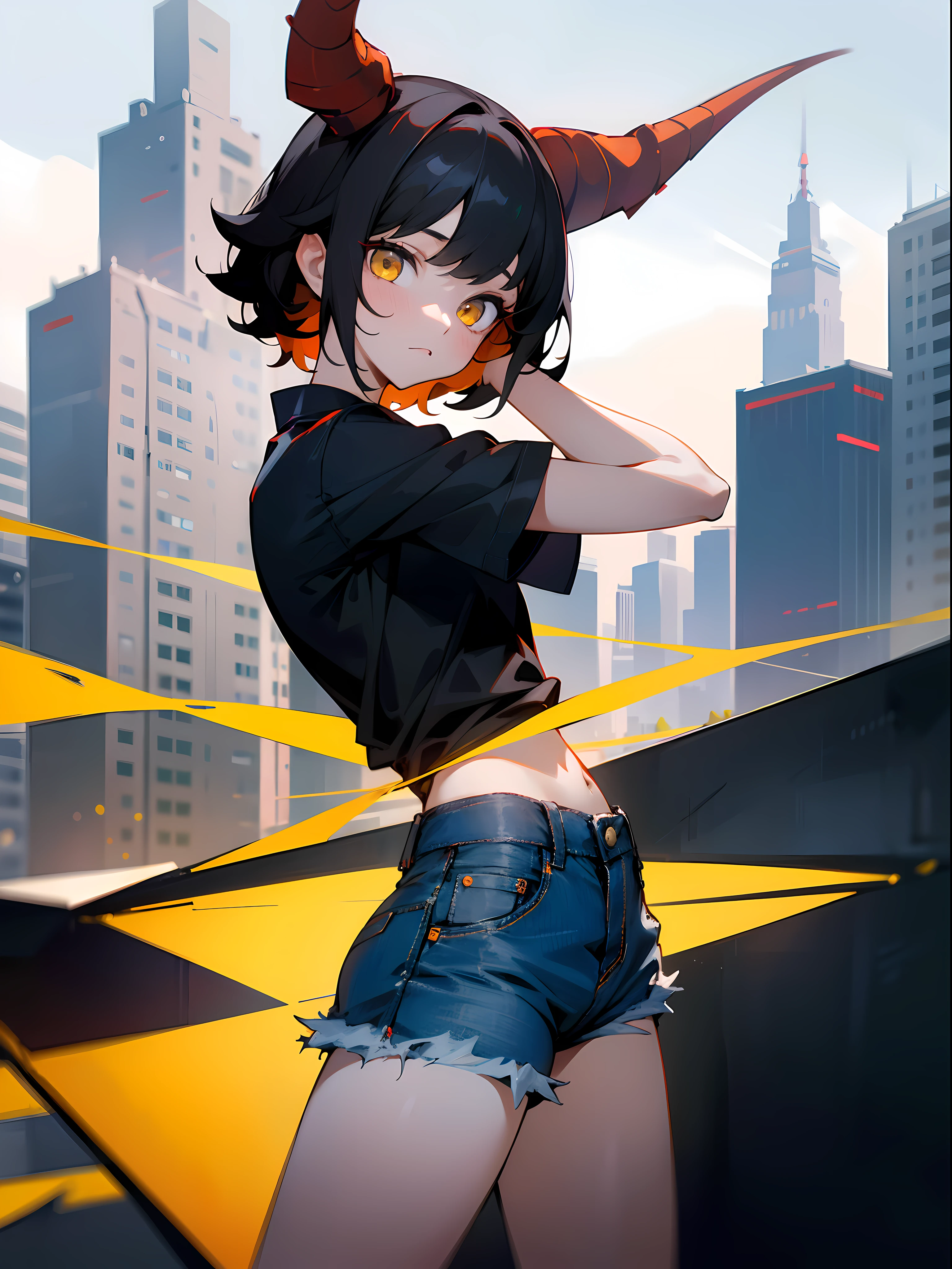1 girl, short black hair, red horns, yellow eyes, wearing plain black shirt, denim shorts, city, absurdres, high res, ultrasharp, 8K, masterpiece, looking at sky