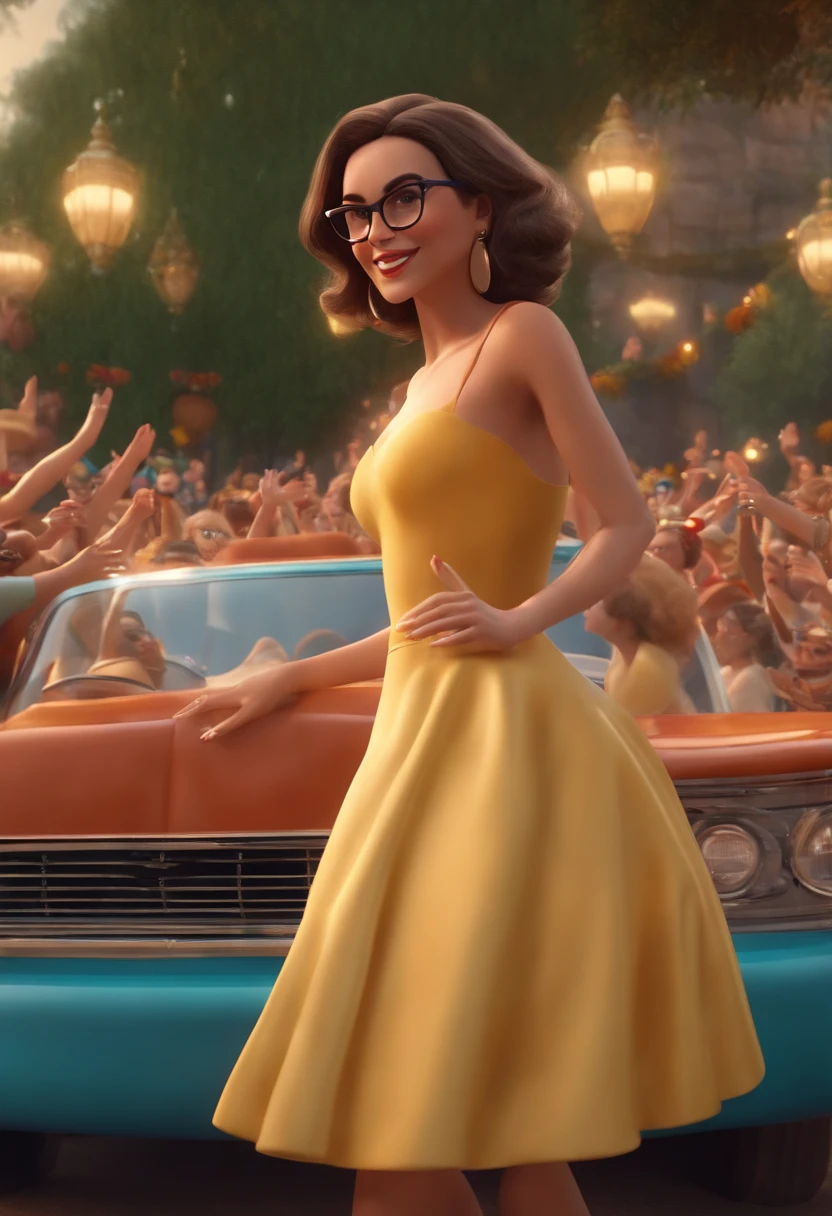 "(best quality,ultra-detalhado,Realistic:1.37),3D rendering,illustration,design de personagens,cabelos curtos e cacheados escuros,belos olhos detalhados,wearing white glasses,Estilo Pixar,morena mulher,Dancing on the Disney stage,atmosfera animada,vivid colors,luzes de palco,expression joyful"