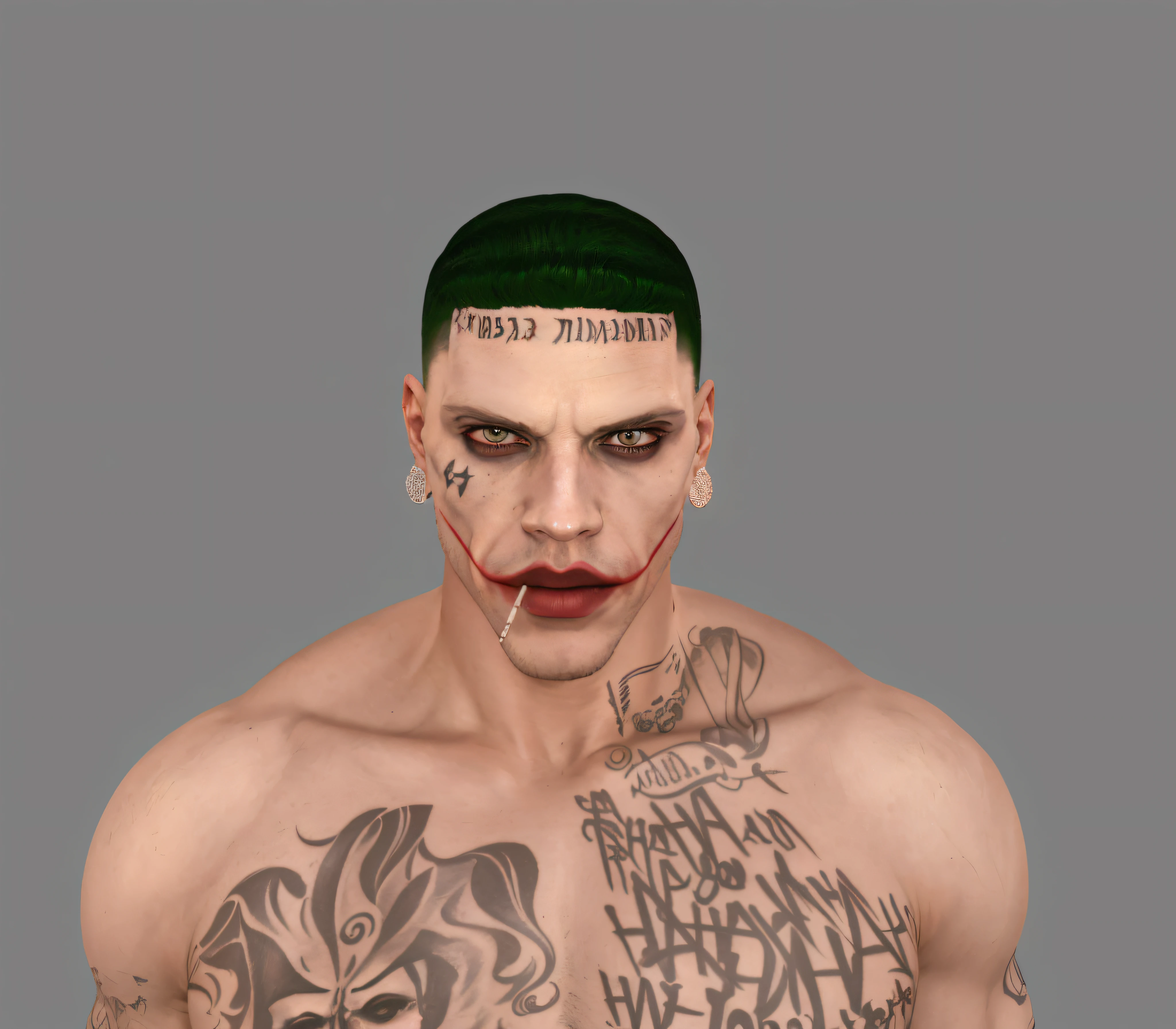 there is a man with tattoos on his chest and a cigarette in his mouth, jerma985 as the joker, with very highly detailed face, grotesque joker, portrait of joker, portrait of the joker, extreme detailed face and body, nikola jokic as the joker, tattooed man, with facial tattoo, portrait of a joker, joker looks like naruto