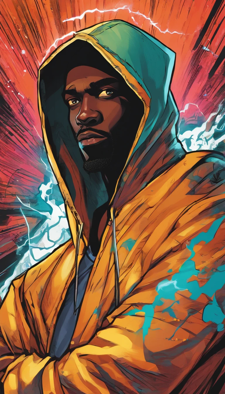 Black guy in a hoodie with electric powers