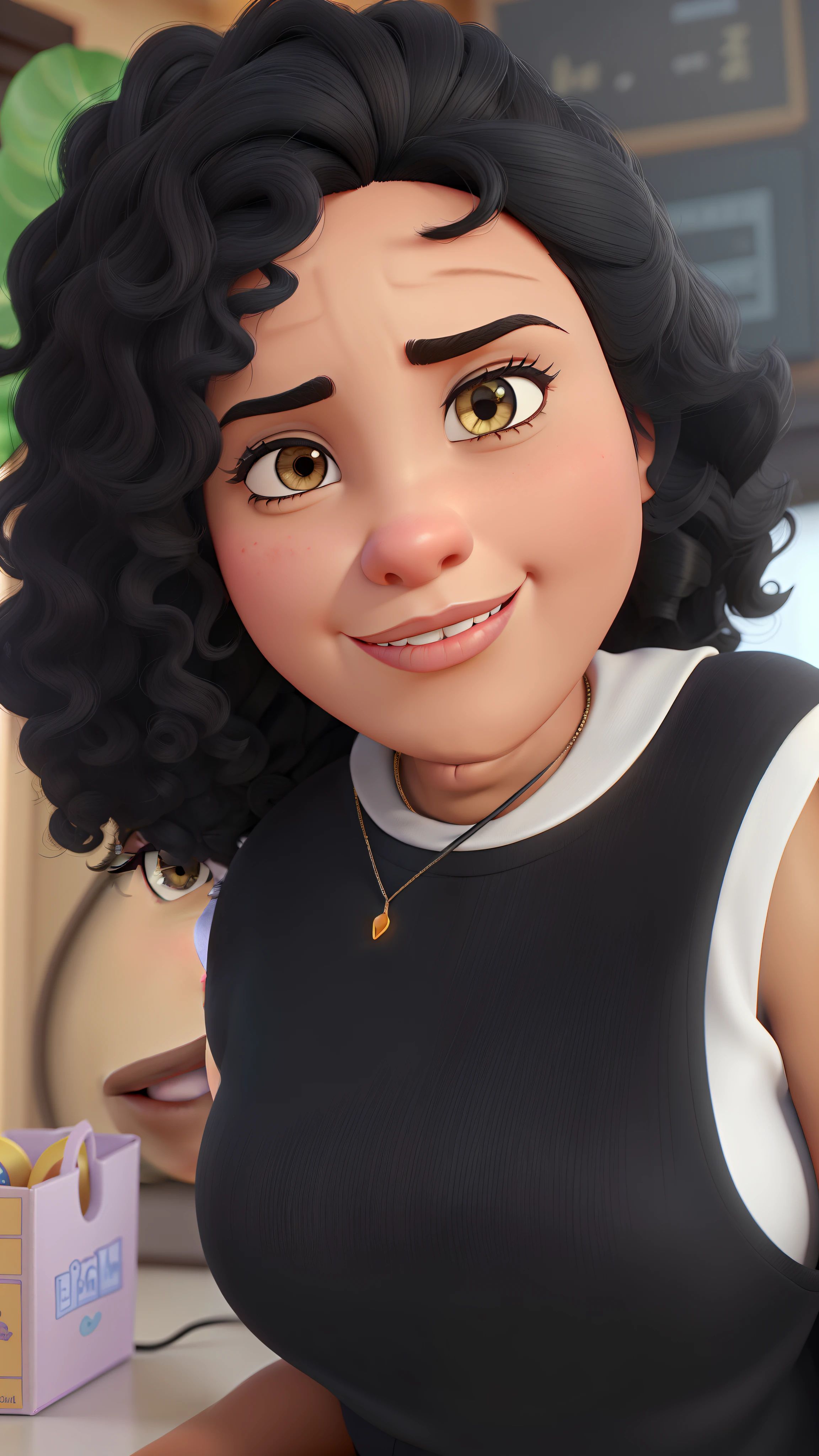 Woman with light black skin, dark eyes, large, thick lips, large round nose, curly black hair, Disney Pixar style, high quality, high resolution