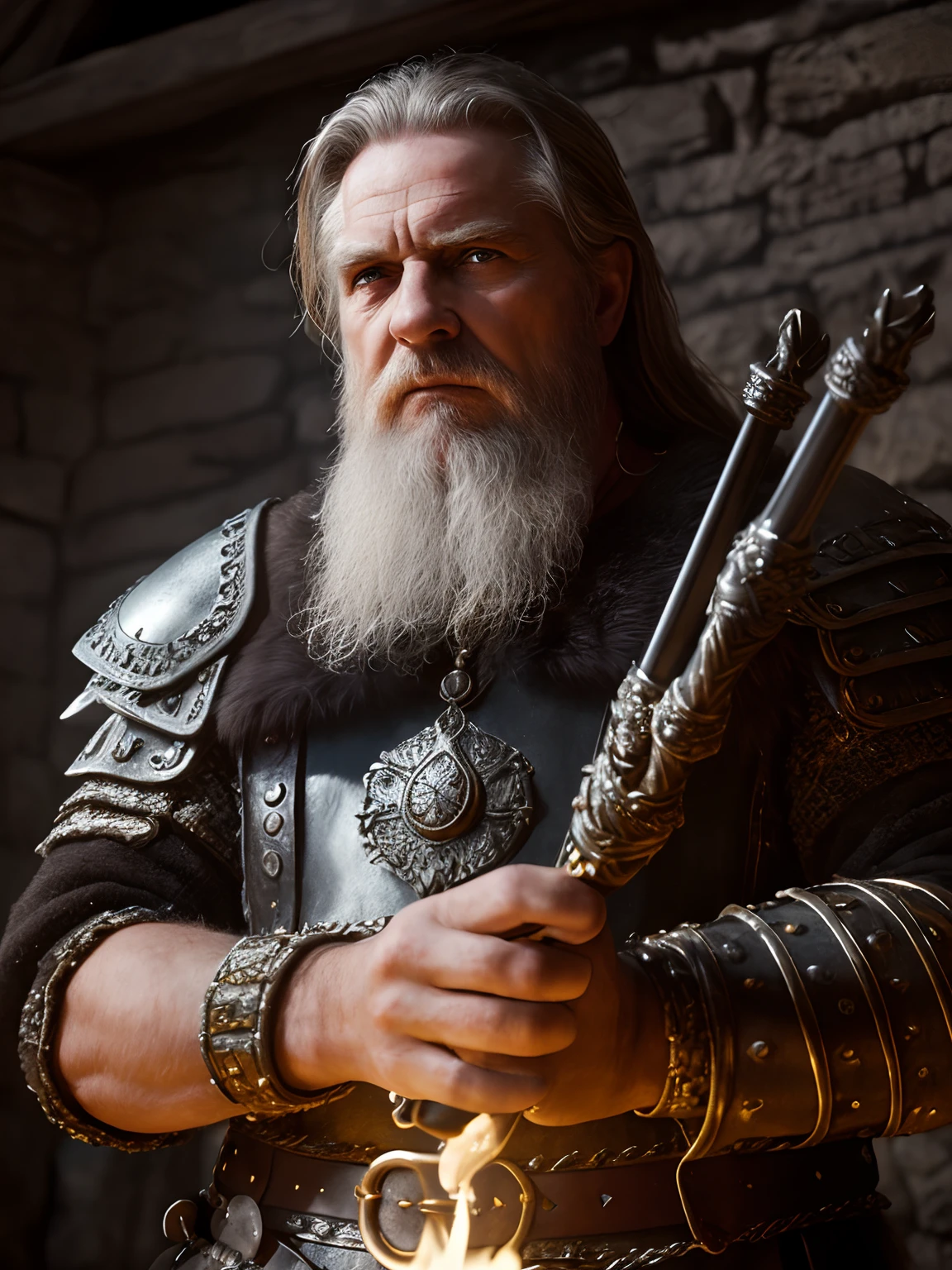(Highest quality:1.3), cinematic shot, masterpiece, (sharp focus:1.5), (photorealistic:1.3), medium portrait of (a weary-looking but still proud and fierce-looking old Viking warrior, now the leader of his village, dressed in elaborately detailed chain mail and leather armour, a few torches burn on the walls, giving the scene a dark atmosphere but sculpting the forms in sharp chiaroscuro), it is night time, (highly detailed skin), (detailed face), detailed background, dark lighting, twilight lighting, volumetric lighting, intricate details, UHD,