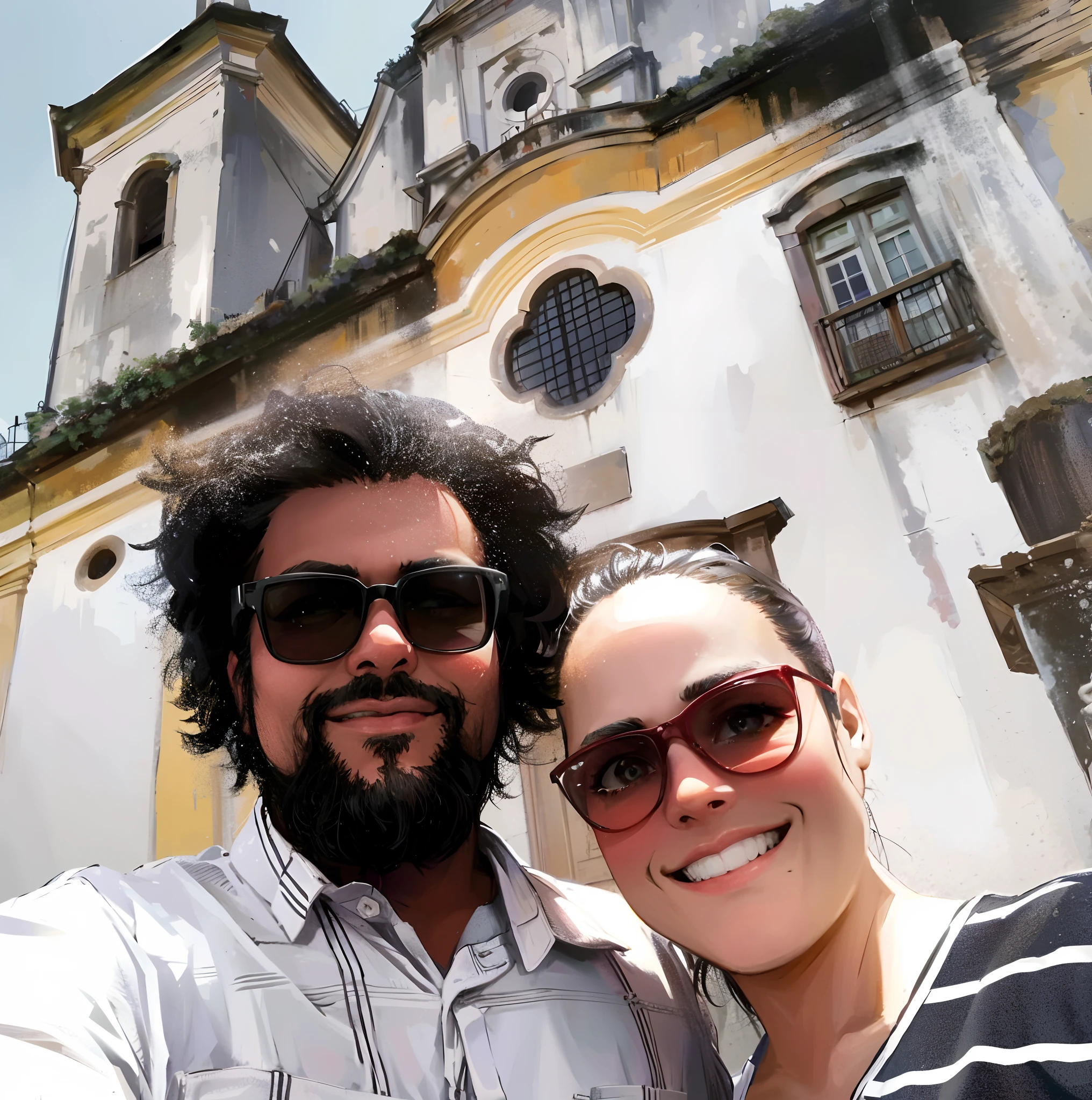There's a man and a woman taking a selfie in front of a church, Directed by: Nandor Soldier, In Sao Paulo, Ruas de Salvador, salvador, Catedral ao fundo, historical setting, andrea rocha, lindo dia ensolarado, Malika Favre, igreja no fundo, Casal feliz, Directed by: Willian Murai, imagem de perfil, david rios ferreira