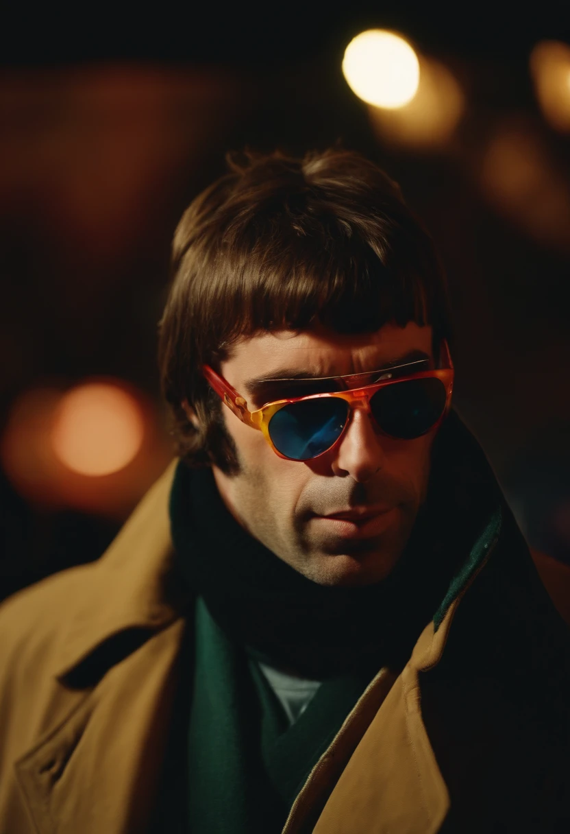 Liam Gallagher in the 90s with a colorful sunglasses, fumando um cigarro na Inglaterra