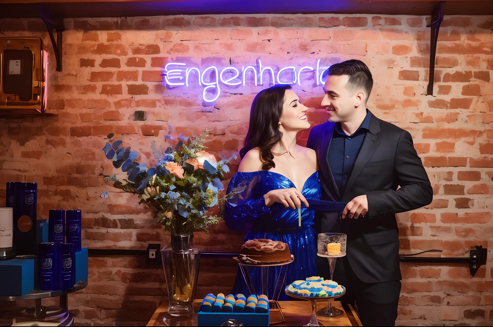 There's a man and a woman next to a table with a cake, with neon signs, geometric backdrop; LED, extremely grumpy blue lighting, por Elena Teacher, pano de fundo, Directed by: Maksimilijan Vanka, dramatic blue lighting, blue accent lighting, cinematic blue and gold, blue themed, Fundo de primeiro plano, neon signs in background, Ekaterina