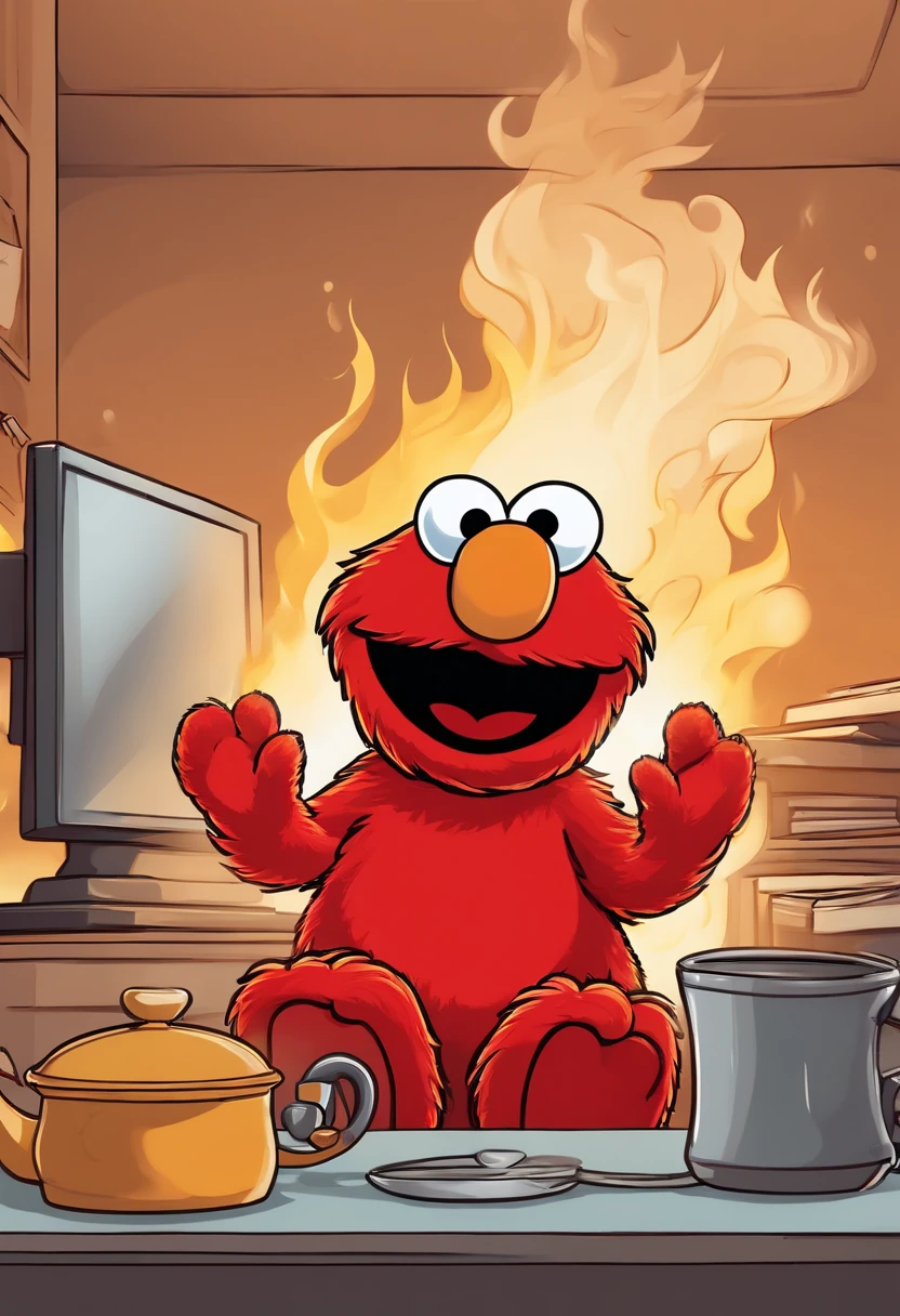 (master part, best quality, 2d illustration, 2D, O melhor da artstation),(1 boneco Elmo, Muppet, Elmo, red fur:1.1), sitting behind a desk, Elmo como programador, amarelo redondo macio, tela do computador com muitos erros, computador mac pro, (everything is on fire, A cup of coffee is on fire,The room is on fire, Caos em segundo plano, thick clouds of smoke gathering on the ceiling,chamas enormes:1.2), Elmo is holding his flaming cup of coffee with two hands., (furry arms:1.3)