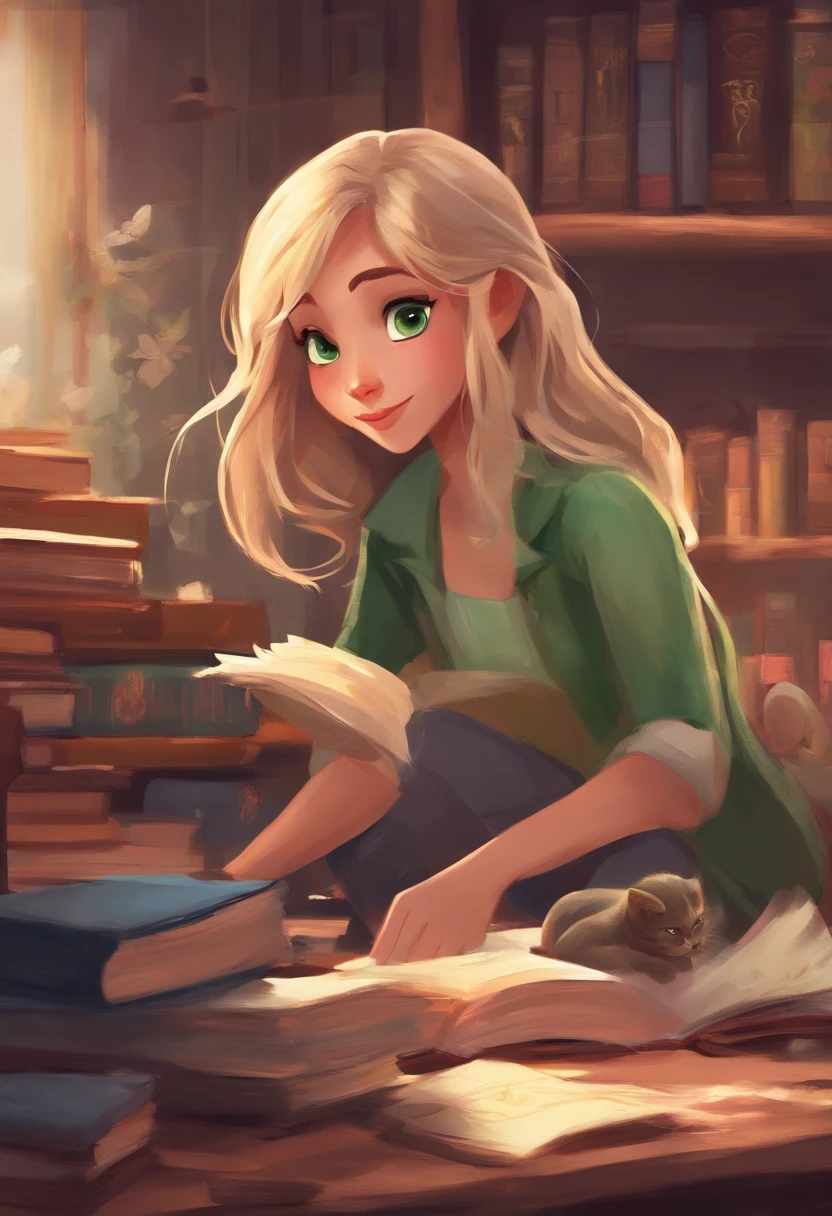 create a Disney Pixar-style character with the following characteristics in Atelier with Books: long-haired blonde girl, green eyes, tabby cat, brindle cat